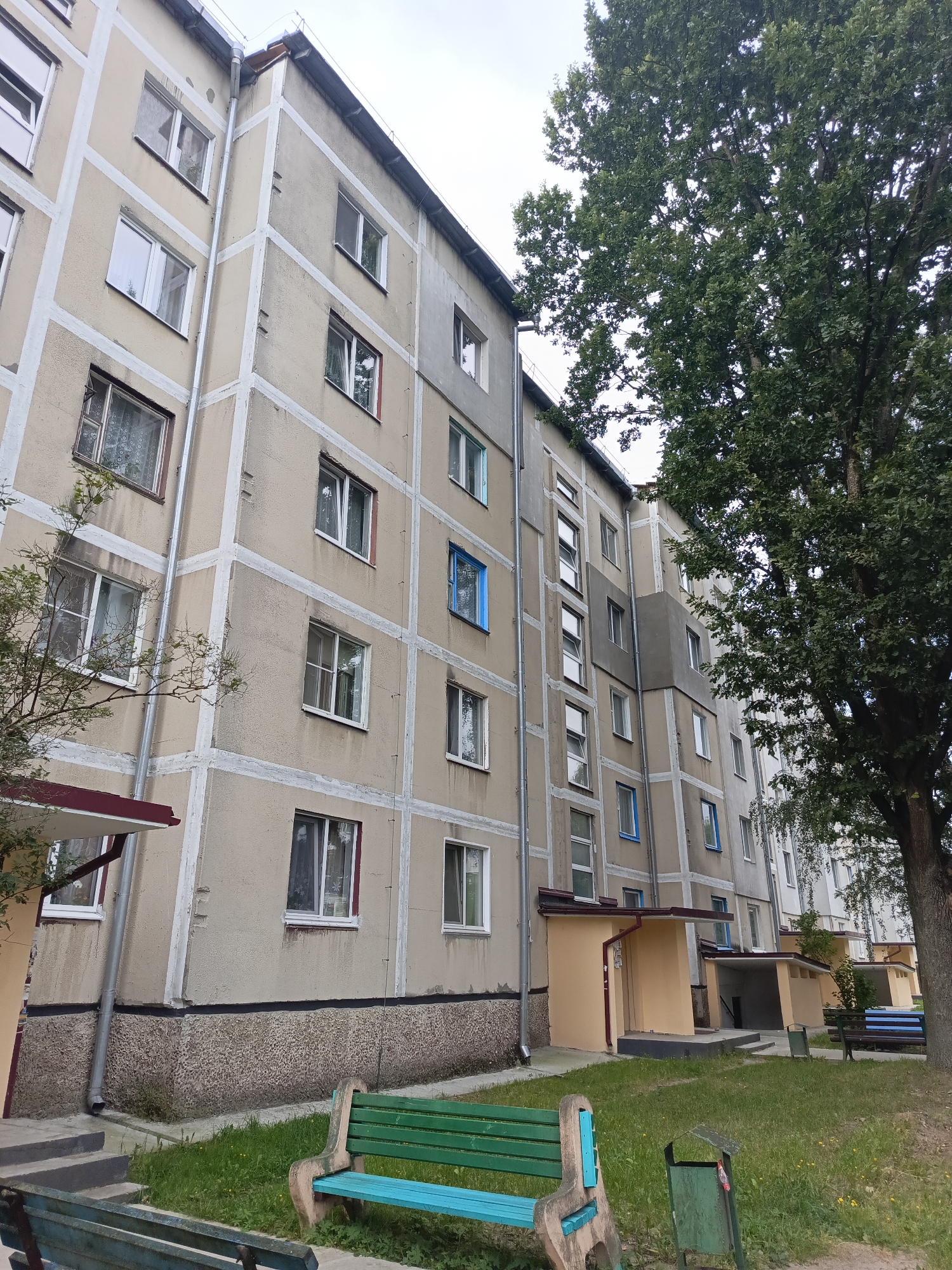 An exterior, eye-level, full shot captures a concrete apartment building in Ivatsevichy, Belarus, adjacent to a large tree. The building is light beige with white trim outlining each floor and vertical sections. Many windows, some with red or blue frames, are visible on the building's facade. The ground level features entrances with yellow awnings. Green benches and trash cans are scattered on the grass in front of the building. The sky is overcast and gray.