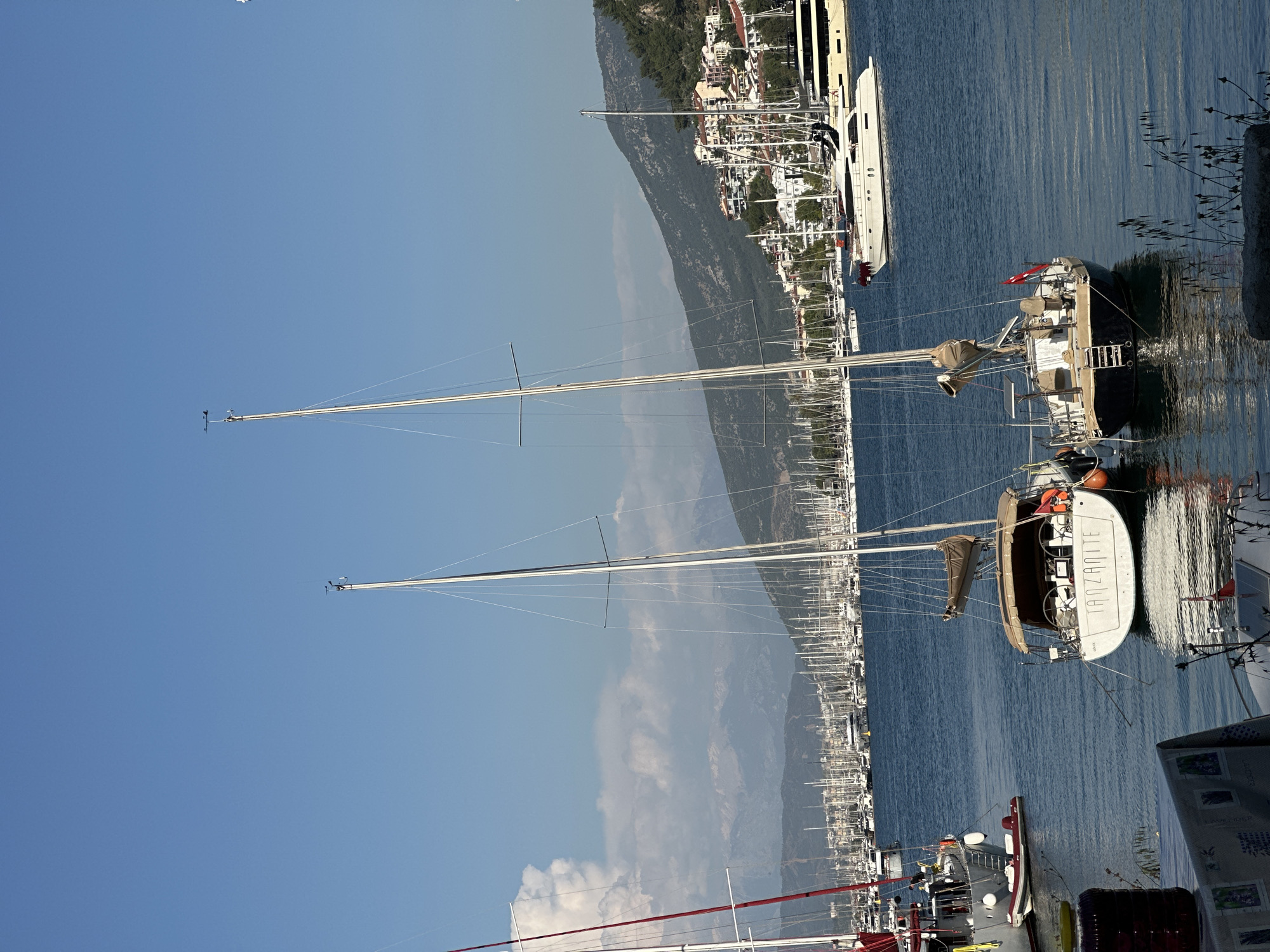 The image depicts a serene marina scene, likely in Fethiye, Turkey, under a clear blue sky. Numerous boats of varying sizes are moored in calm, dark blue water that reflects the sky and vessels. In the foreground, the tall masts of several sailboats stand prominently against the sky.
A distinctive white sailboat, named "TANZANITE," is visible towards the right, with its stern facing the viewer. It features a tan-colored canvas cover over part of its deck. A small Turkish flag is affixed to its stern, confirming the location context. To its left, another sailboat is partially visible, and further left, a large, sleek white motor yacht is moored. In the middle ground, stretching across the frame, are countless other sailboats with their masts creating a dense line along the harbor.
The background features a dramatic mountainous coastline covered in dense green vegetation, with a town built along its base. White and light-colored buildings with red roofs are clustered along the shore, leading up the slopes of the mountains. The reflections on the water are slight, indicating minimal wind and a tranquil atmosphere. The bright, even lighting suggests it is daytime, likely morning or late afternoon. On an item in the lower right foreground, the word "LAVENDER" is visible.