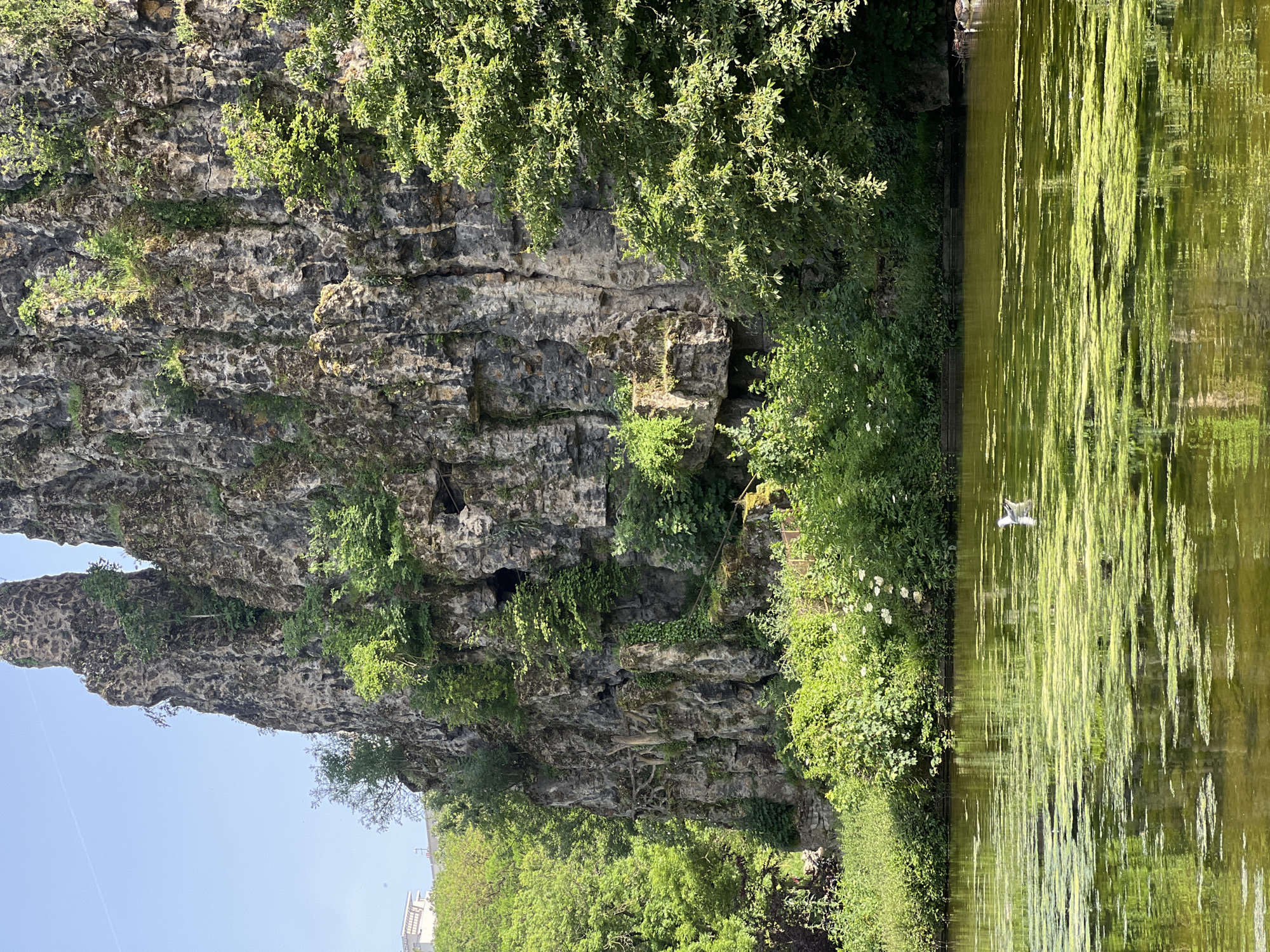 The image depicts a rock formation covered in vegetation next to a body of water. The rock face is gray and textured, with greenery growing on its surface. The water appears green, possibly due to algae or plant life. A bird is visible in the water. The location is likely the Parc des Buttes-Chaumont in Paris, France, a park known for its artificial grottoes, lakes, and landscaping. The sky is visible in the upper left corner, appearing light blue. A building is visible at the lower left corner.