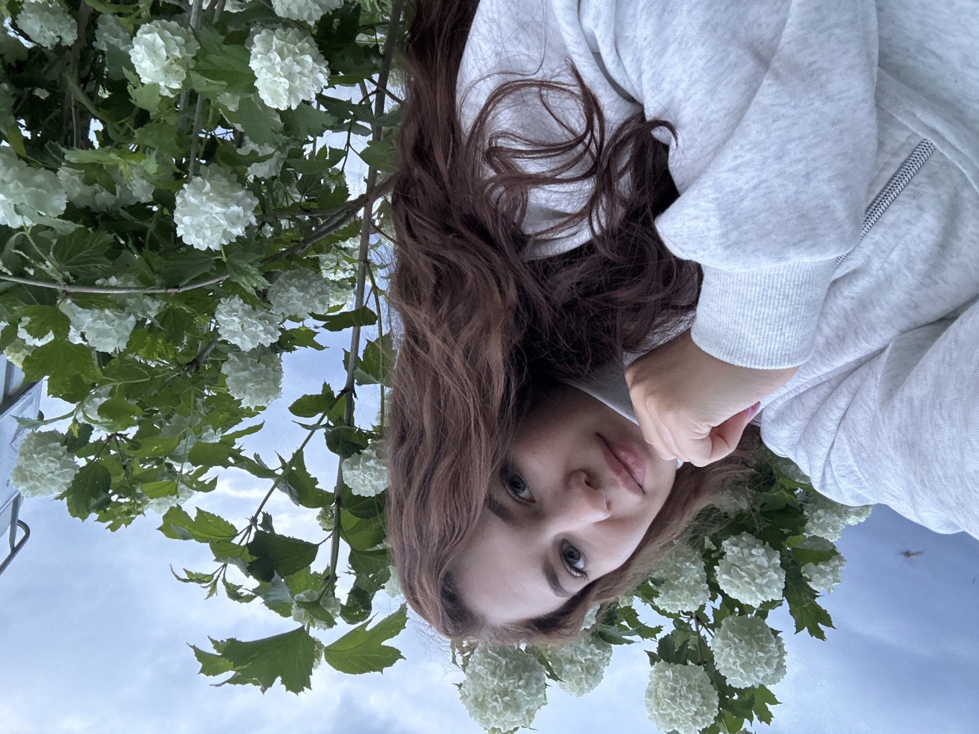 A young woman with long, wavy brown hair wears a gray hoodie and poses for a photograph among a flowering bush with round, white blooms and green leaves. The sky is overcast. The location cannot be ascertained from the image.