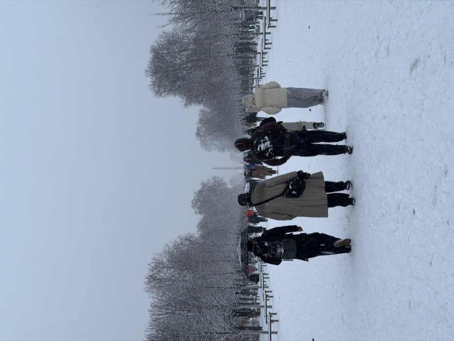 A winter scene captures several pedestrians walking along a snow-covered path. Trees, bare from the season, line the path to the left, alongside low barriers. The sky is overcast, suggesting ongoing snowfall. The people are bundled in winter clothing, including coats and hats, against the cold. The scene conveys a quiet, snowy day outdoors.