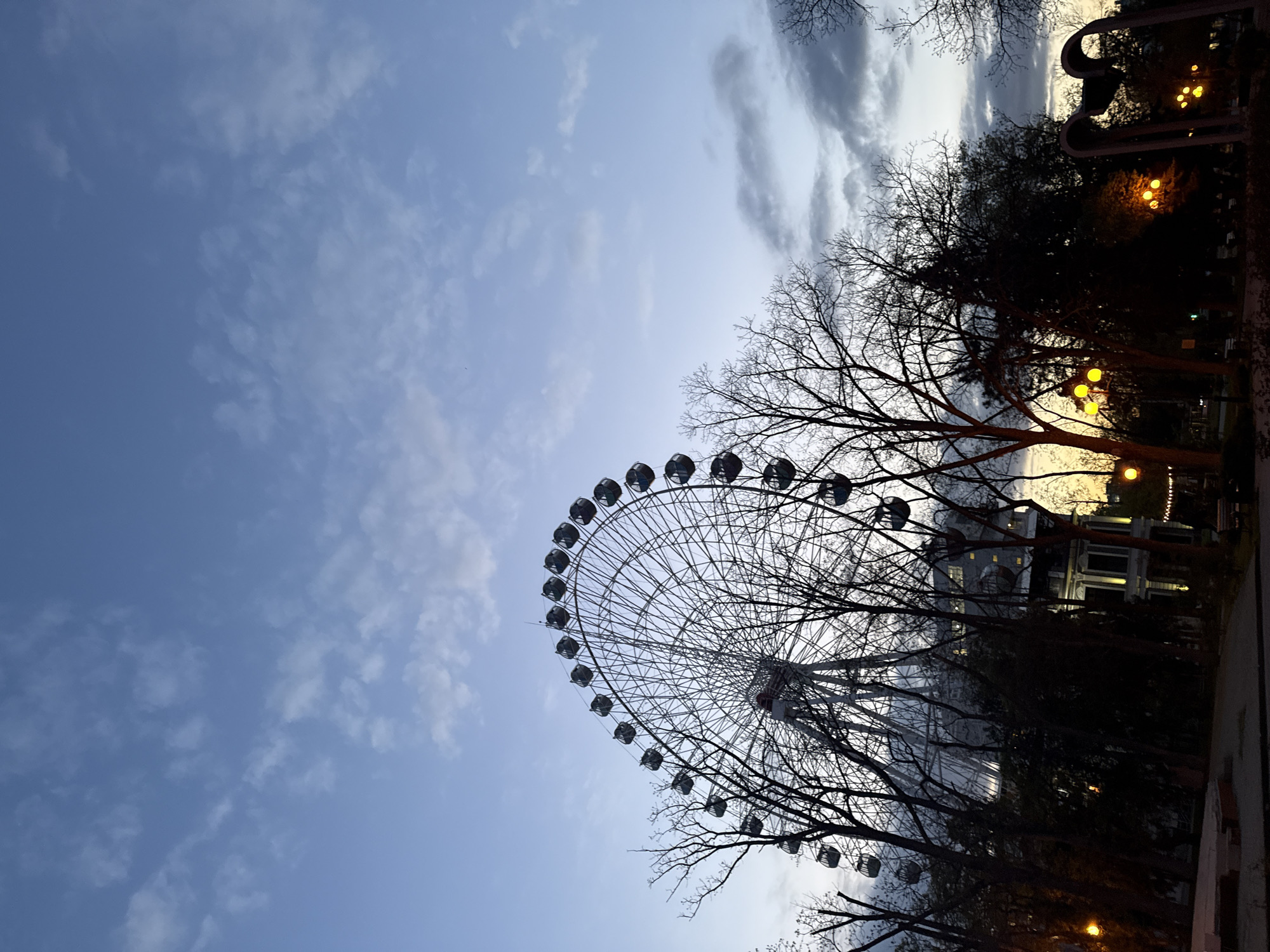 The image displays a Ferris wheel partially visible against a cloudy, transitioning sky. The upper left portion of the sky is a clear blue with scattered white clouds, while towards the right and bottom, the sky appears lighter and more overcast with gray clouds.
Numerous bare tree branches, silhouetted against the sky, frame the Ferris wheel and the right side of the scene. The skeletal branches create a stark contrast with the sky. In the background on the right, faint outlines of buildings can be discerned, and several warm, yellow-orange lights, possibly streetlights or decorative illumination, are visible among the trees and near the structures.
The overall lighting suggests it is either late afternoon or early evening, at dusk, given the artificial lights are on and the sky is still relatively bright but transitioning. The bare trees indicate the season is likely late autumn, winter, or early spring. No people are visible in the image. The presence of the Ferris wheel suggests a location such as an amusement park, fairground, or an urban entertainment district. There is no visible text.