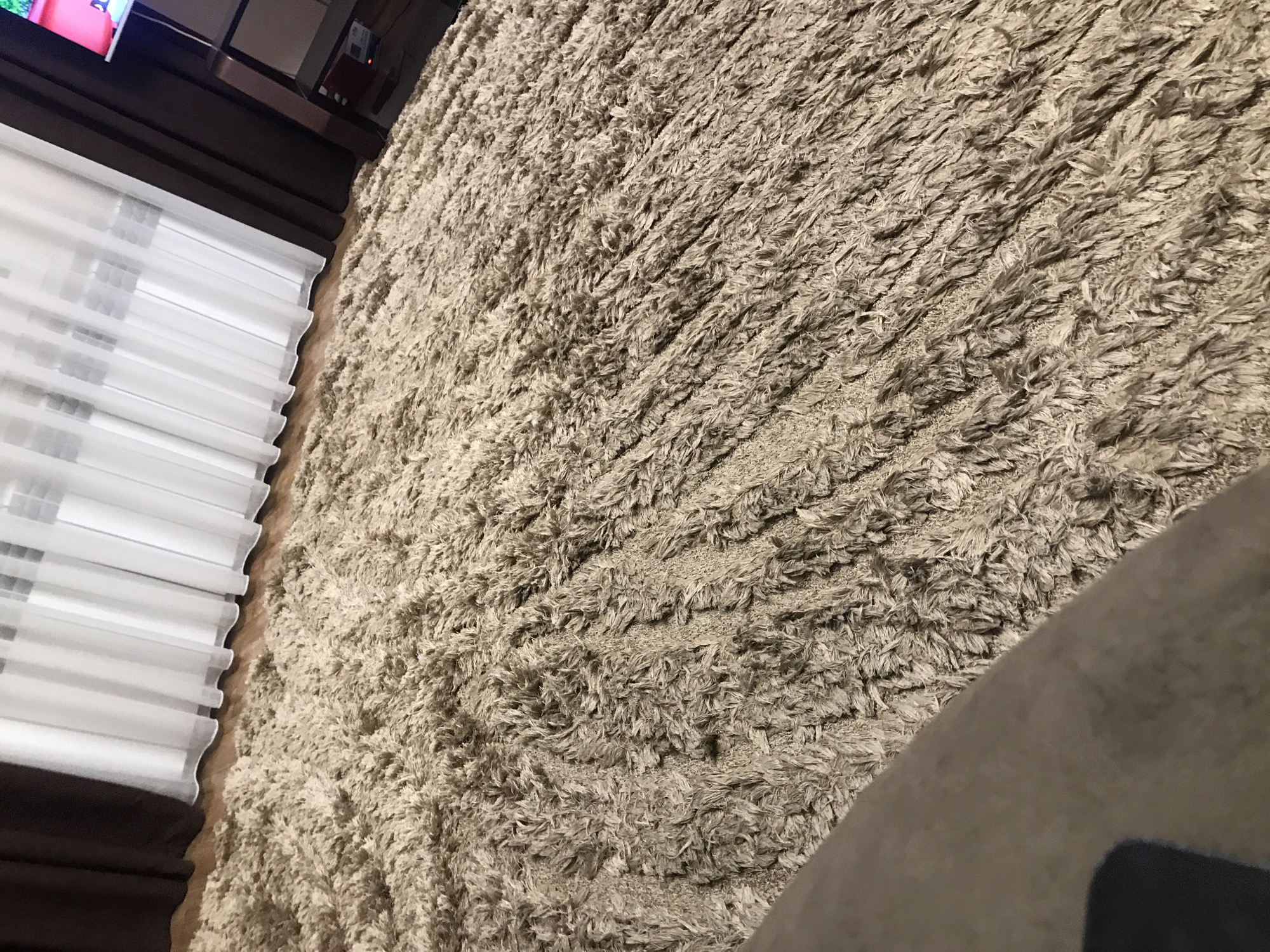 The image shows a portion of a room, focusing on a shag rug with a light beige or gray color. To the left of the rug are white, pleated window blinds. Above the blinds is a dark brown or black surface which appears to be part of a media console or cabinet. A portion of a gray fabric surface, possibly part of a sofa or chair, is visible in the lower right corner. There is nothing in the image to suggest that this is in Yerevan, Armenia.