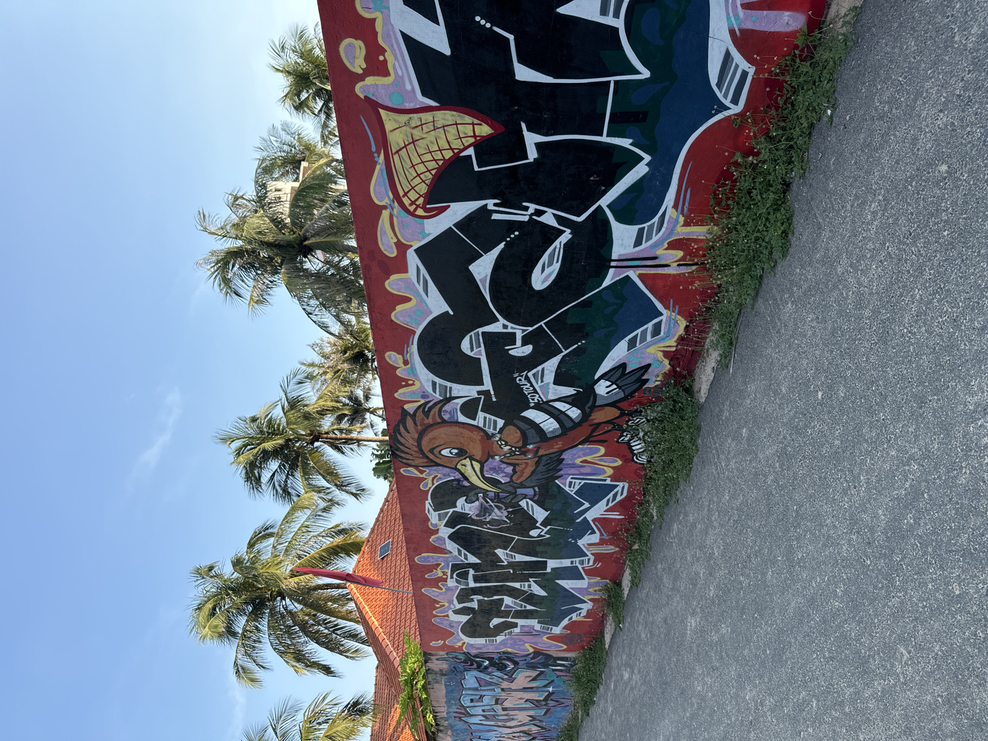 In the city of Phu Thuy Ward, Vietnam, a concrete path runs alongside a vibrantly painted graffiti mural. The mural, adorning a red wall, features bold, stylized lettering in black with white outlines, interspersed with colorful abstract shapes and outlines. To the right of the text, a cartoonish orange bird with black and white striped wings and a pointed beak is depicted, holding a black object in its beak. The bird is wearing a necklace and a striped band around its chest. The graffiti extends further along the wall to the left, with more lettering and colorful designs. Behind the wall, palm trees with lush green fronds reach towards a clear blue sky with a few wispy clouds. A red-tiled roof of a building is visible above the wall, partially obscured by the palm trees. Small green plants with delicate white flowers grow along the base of the wall, between the wall and the path. The scene captures a sunny day with a tropical ambiance.