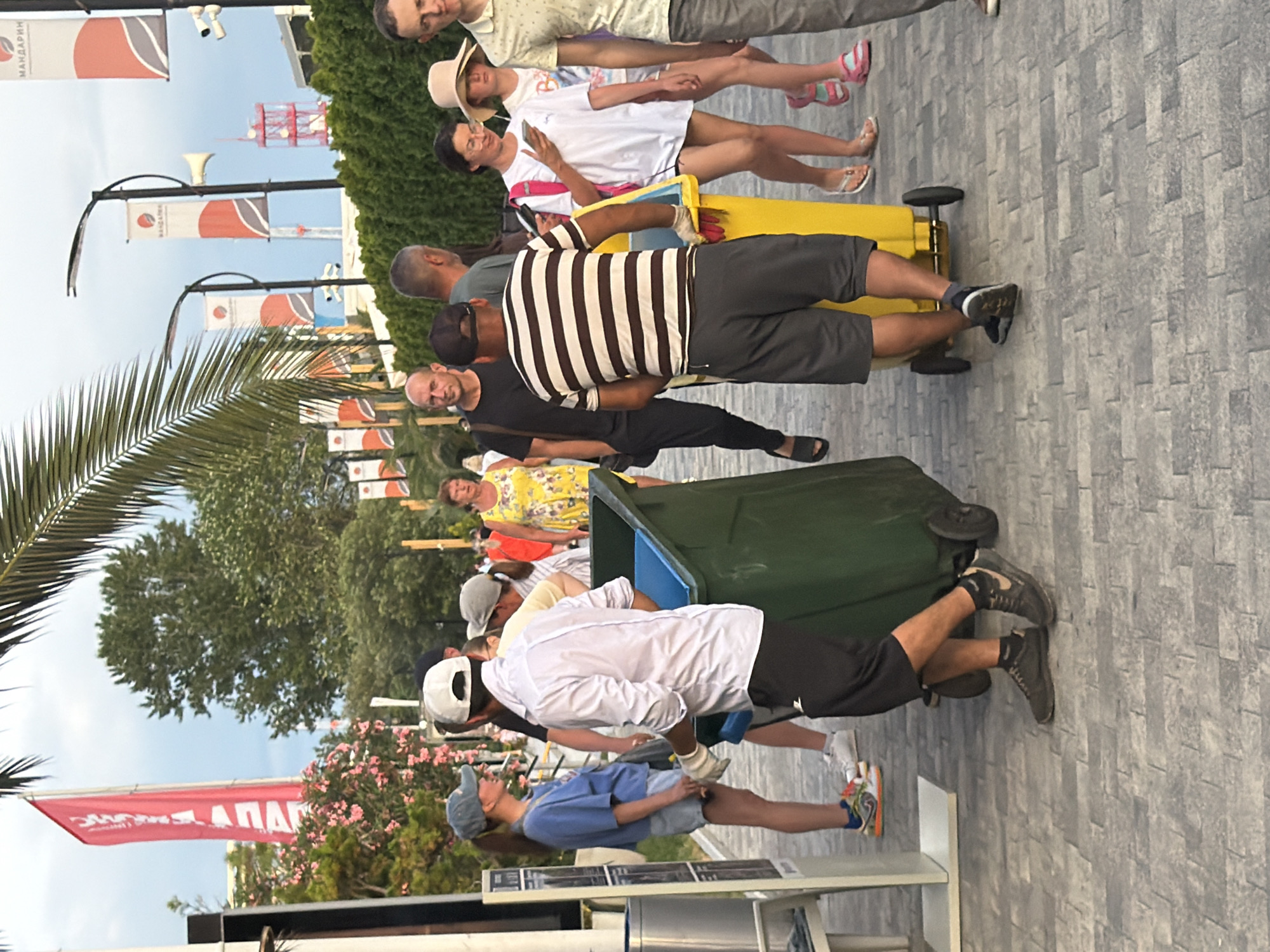 A group of people are walking along a paved pathway lined with palm trees and lampposts. In the background, banners with the word "MANDARIN" and orange and white graphics are visible, suggesting this location is part of a complex or resort, likely in Sochi, Russia, as indicated by the presence of such branding.
Several individuals are focused on their activities. A man in a white shirt and black pants is pushing a large green dumpster on wheels. Next to him, a woman in a blue t-shirt and denim shorts is looking at him. Another man in a striped t-shirt and shorts is also near the dumpster, appearing to assist. Further down the path, a woman in a yellow floral dress walks past, and several other individuals are scattered along the walkway, some looking at their phones. The environment is outdoors, with a partly cloudy sky.
