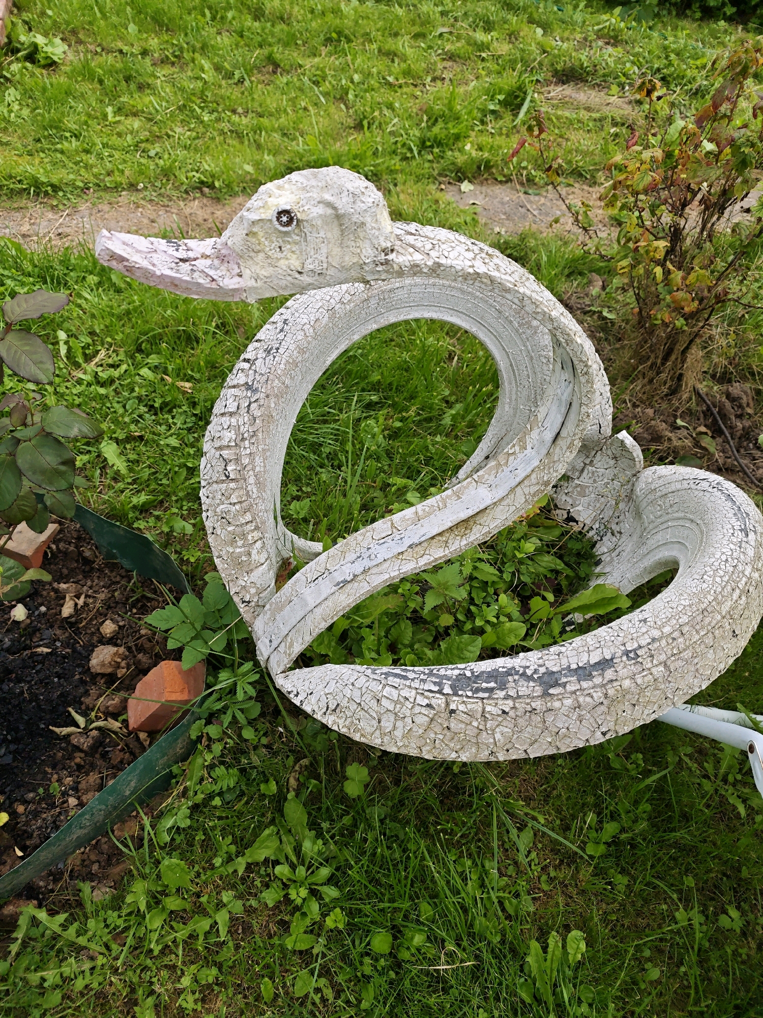 In the village of Svitino SNT, Russia, a repurposed tire, painted white and weathered, is displayed in a garden. The tire is sculpted into the shape of a swan, with a distinct head and beak. The white paint is peeling, revealing the black rubber underneath in places, and giving the sculpture a textured, aged appearance. The swan is positioned on a bed of green grass, with patches of soil and some sparse foliage surrounding it. A few fallen red brick fragments and a green garden tool are also visible in the soil area. In the background, a small bush with yellow and red leaves adds a touch of color to the scene. The overall environment is a typical outdoor garden setting, suggesting a rural or suburban location. There are no people or animals present in the image.