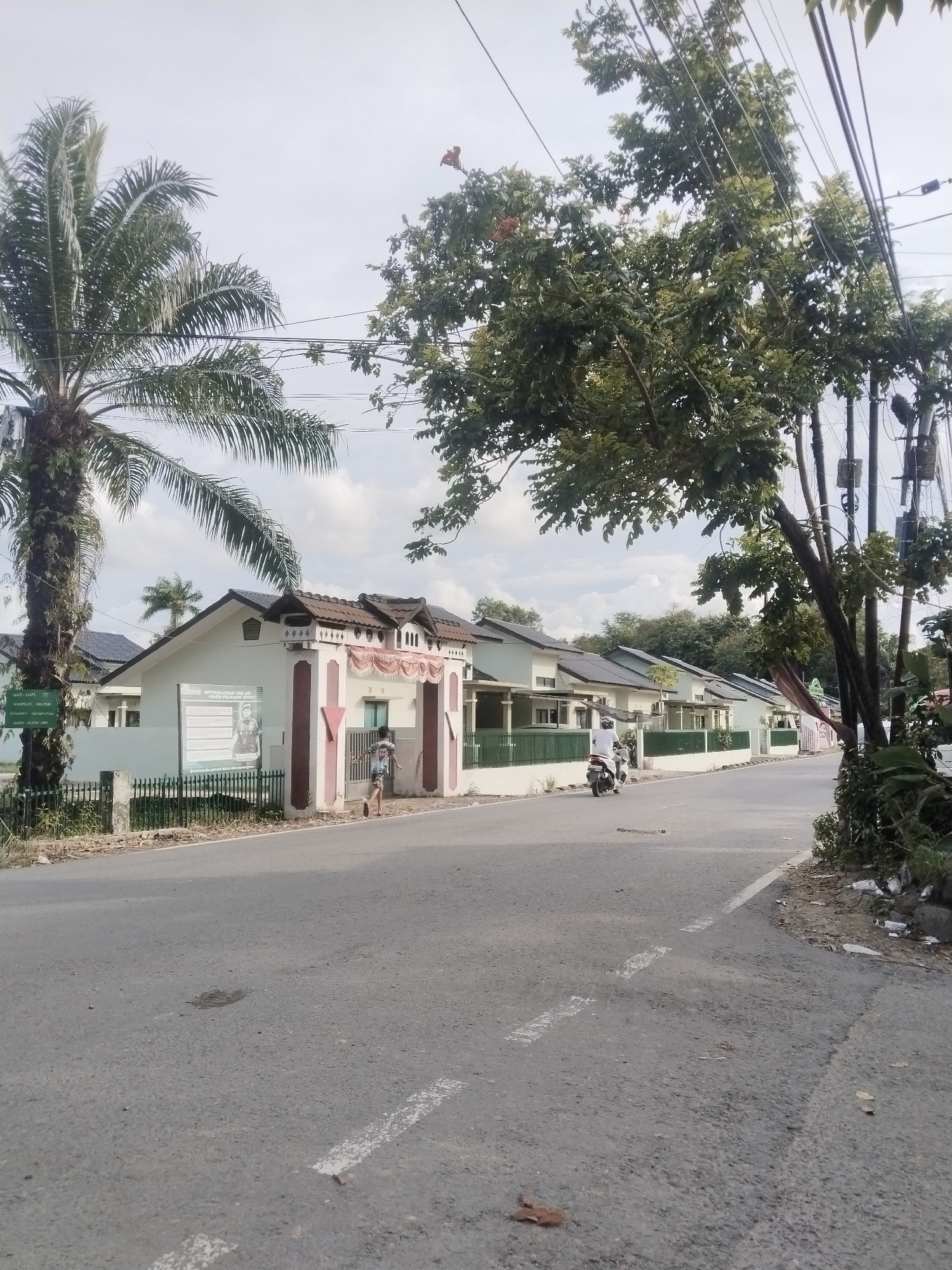 The image shows a street scene in Lhokseumawe, Indonesia. The road stretches into the distance with dashed white lines marking lanes. Along the left, a row of single-story houses can be seen, each with a green fence and a gate. The first house has a sign in front of it. A palm tree stands prominently next to the sign. A pedestrian walks near the first house's gate, while a person on a scooter rides along the street. Trees with green foliage are on the right side of the frame, with power lines overhead. Debris is visible along the road's edge to the right. The sky is overcast.