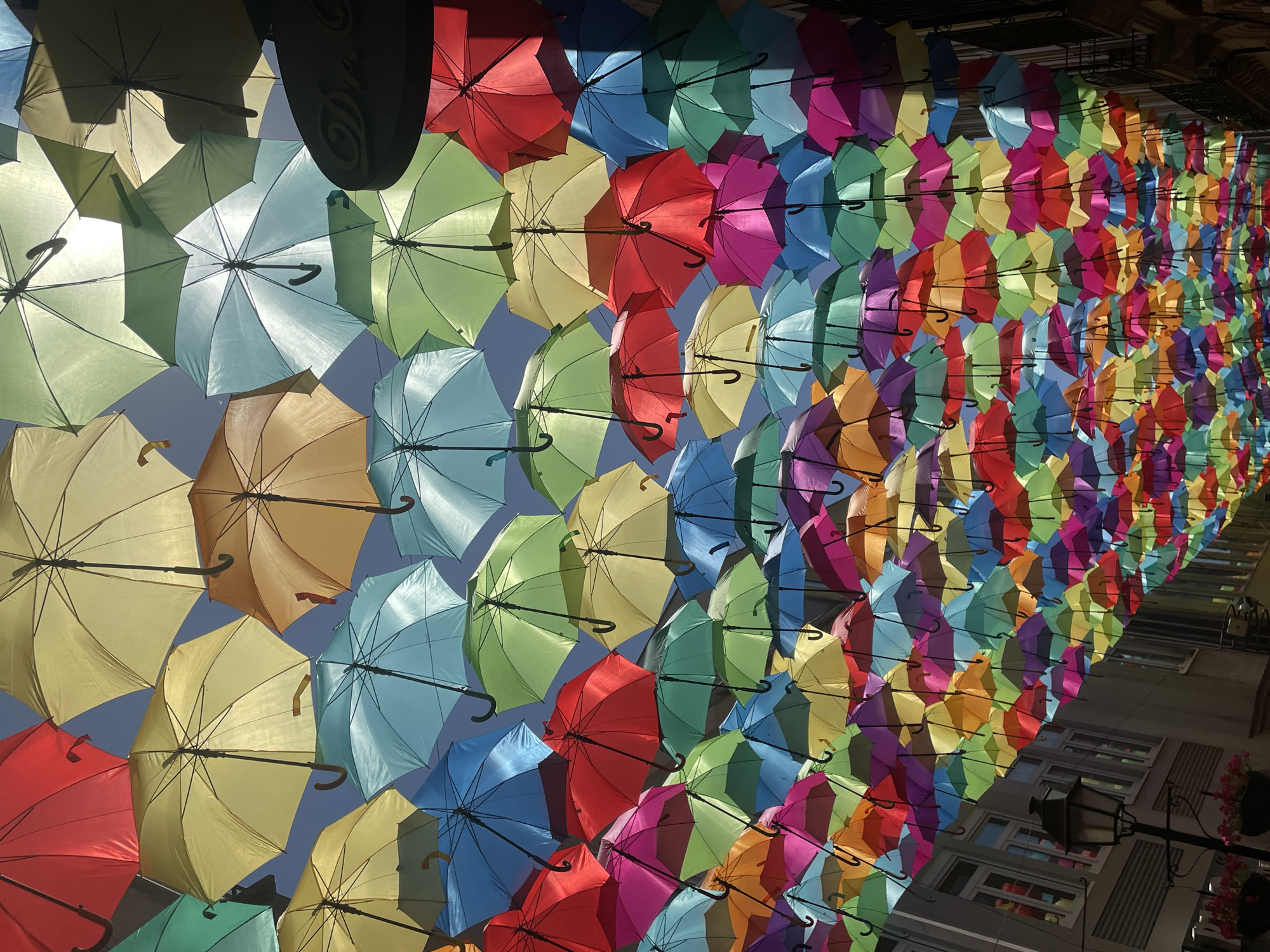 This media file displays an art installation featuring a vibrant canopy of colorful umbrellas suspended above a street. The umbrellas, in various shades of red, yellow, green, blue, pink, and orange, are arranged in a dense, overlapping pattern, creating a visually striking and cheerful display. They are suspended from wires, casting dappled shadows on the scene below.
The scene appears to be a public street or walkway, with buildings visible in the background. The architecture suggests an urban setting, possibly in a European town. The time of day is likely daytime, indicated by the sunlight filtering through the umbrellas and the bright colors. The weather appears to be fair, with no rain or wind evident. The overall mood conveyed is one of joy and festivity, likely part of a larger event or ongoing exhibition. The location context provided is Águeda, Portugal, a place known for its annual "AgitÁgueda" festival where similar umbrella installations are famously displayed.
There is no visible text in the image. The focus is entirely on the artistic arrangement of the umbrellas and their impact on the surrounding environment.
