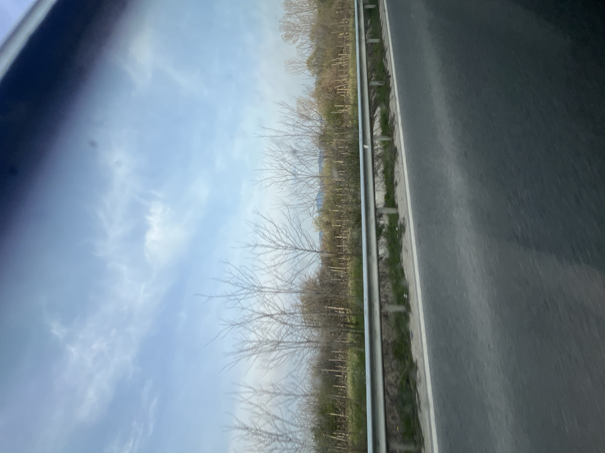 The image shows a view from a vehicle, likely a car or bus, travelling along a road. To the right of the frame is the paved road surface with a white edge line and a metal crash barrier. Beyond the barrier is a strip of grassy vegetation. To the left of the frame, reflected in the vehicle's window, is a view of a pale blue sky with scattered clouds, along with bare trees or shrubs. Based on the location provided, the scene is somewhere in or near Novakovo, Bulgaria. There are no people visible in the image. The focus is on the roadside environment and the reflection in the vehicle's window.