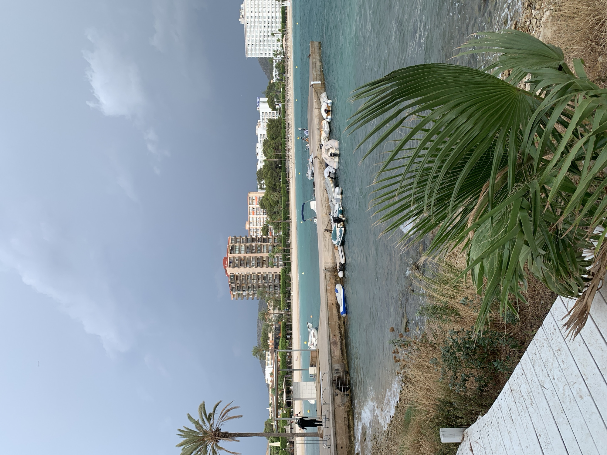 The image depicts a coastal scene in Magaluf, Spain, under a cloudy sky. In the foreground, a white wooden walkway leads towards a small, rocky beach. Lush green palm fronds frame the right side of the shot, obscuring some of the water. A concrete pier juts out into the turquoise water, lined with several small inflatable boats and a few larger vessels. A single person, dressed in black, stands on the pier near a covered structure. In the background, a long sandy beach is visible, backed by a row of palm trees and several multi-story buildings, including a prominent tall orange-toned hotel. The sea is a vibrant blue-green, with gentle waves lapping at the shore. The overall impression is of a seaside resort town, possibly on the verge of a weather change given the dark clouds overhead.