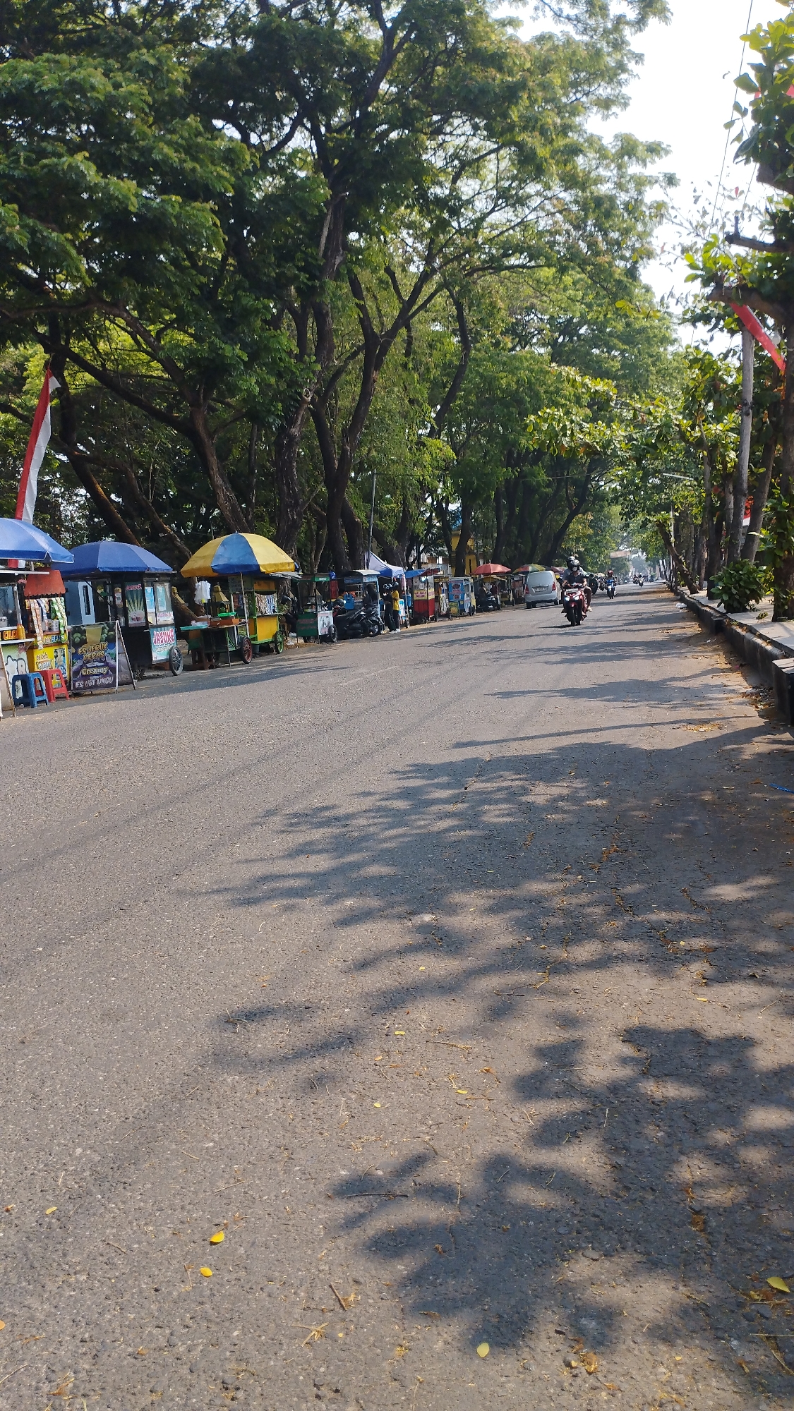 The image depicts a street scene in Ronowijayan, Indonesia, on a sunny day. The road is paved and appears to be a main thoroughfare. Along the left side of the road, a row of colorful vendor carts are set up under awnings, selling various items. Indonesian flags are visible on some of the carts. Trees with lush green foliage line the street on both sides, casting dappled shadows on the asphalt. A few motorcycles are seen on the road, one with a rider wearing a helmet. In the background, more trees and distant buildings are visible, suggesting an urban or semi-urban environment. The overall impression is one of a lively street with commercial activity and a natural, leafy ambiance.