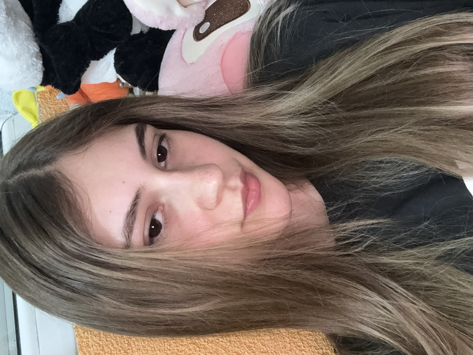 A young woman with long, light brown hair is lying down, seemingly on an orange surface. She has brown eyes and fair skin. Behind her, there is a collection of stuffed animals, including a black and white penguin and a pink deer. She is wearing a black shirt. The location in the city of Panagyurishte, Bulgaria is not determinable from the image.