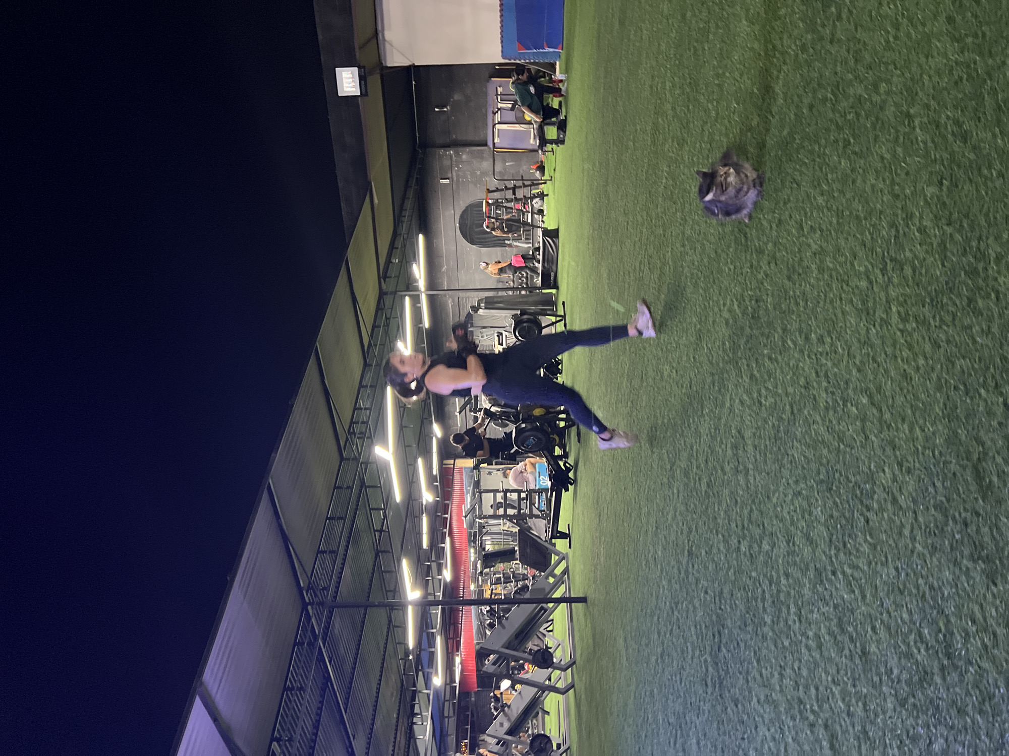 The image shows a woman exercising in an outdoor gym at night. The gym appears to be located on an artificial turf surface. The woman is performing a dynamic movement, possibly a jump or a kick. In the background, other gym equipment is visible, along with other people exercising. Additionally, a cat is visible, seemingly watching the woman's exercise. The location is in Arica, Chile. The night sky is visible in the background. The gym is lit by overhead lights.