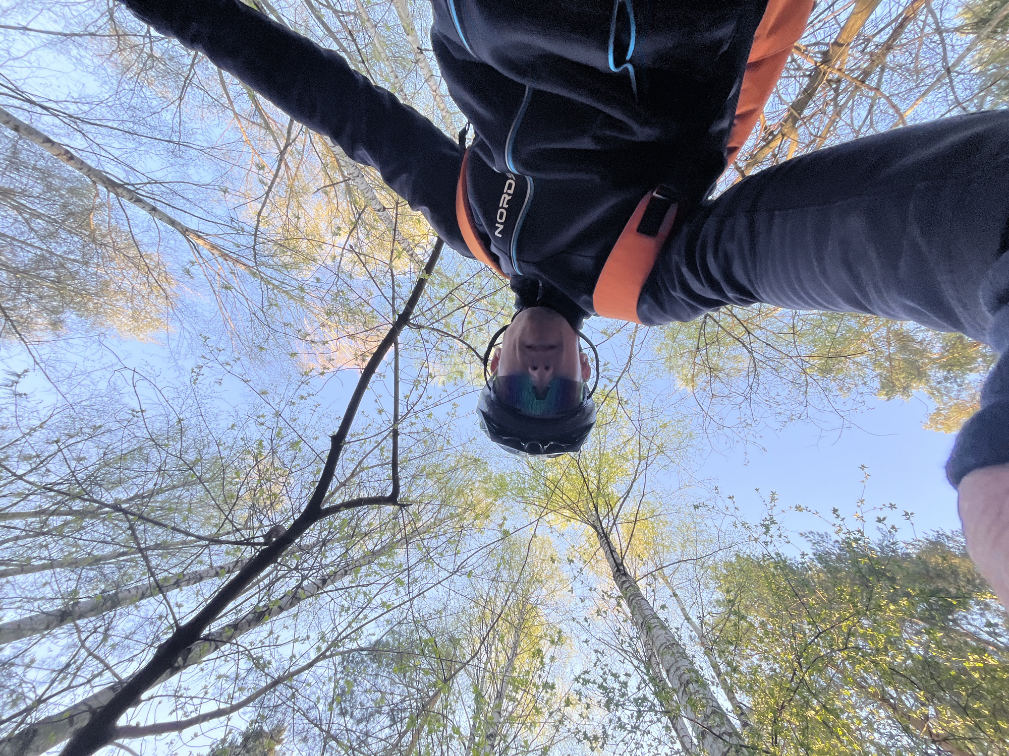 The image presents a low-angle shot of a person standing in a birch forest in the city of Chaikovsky, Russia. The individual is wearing a dark jacket with orange straps, dark pants, a helmet, and sunglasses. The brand "Nord" is visible on the jacket. The perspective is from below, looking up through the trees to the sky, which is partially visible. The trees are mostly bare, with some budding leaves, indicating springtime.