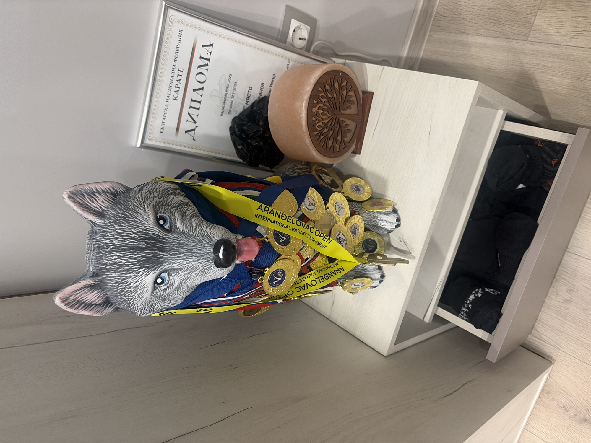 The image depicts a close-up, high-angle view of a white bedside table with a wooden-effect top, placed against a light grey wall. On the table, a grey wolf figurine is the central subject. The figurine is adorned with numerous medals hanging from its neck, some displaying blue and yellow ribbons with Bulgarian text and an emblem, possibly related to a karate tournament. A diploma, framed in silver, stands behind the figurine, bearing Bulgarian text including "БЪЛГАРСКА НАЦИОНАЛНА ФЕДЕРАЦИЯ КАРАТЕ" (Bulgarian National Karate Federation) and "ДИПЛОМА" (Diploma). To the right of the diploma is a dark, amorphous object. Below these items, a small, oval, pinkish salt lamp with a carved wooden tree design on its front is positioned on a wooden base. An open drawer of the bedside table reveals folded black clothing. The left side of the image shows a portion of a wooden wardrobe with a vertical wood grain pattern. The overall scene suggests a domestic setting, possibly a bedroom, in Podgumer, Bulgaria, where the wolf figurine represents achievements in karate.