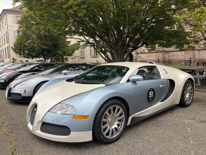 A line of high-performance Bugatti Veyron automobiles is parked on a paved outdoor surface in Molsheim, France. The leading vehicle, a Bugatti Veyron 16.4, is finished in a two-tone scheme of metallic light blue and cream-white. It displays a black circular event decal with the white numeral '51' on the driver's side door panel. Chrome multi-spoke wheels are fitted, with yellow brake calipers visible on the front wheel. Directly behind, a silver Bugatti Veyron is visible, bearing French registration plate 'W-391-DB', followed by additional luxury cars in black and orange.
The scene is set in an open area, likely a public square, in Molsheim. Background elements include several large deciduous trees with green foliage. To the left, a multi-story building with light-colored facades and multiple windows is present. To the right, a substantial historical building constructed of reddish-brown stone or brick, consistent with the architecture of the Église des Jésuites in Molsheim, is partially observed. A wooden picnic table and bench are positioned to the right rear of the foreground vehicle, adjacent to a dark metal fence. Distant figures are faintly visible among the vehicles on the left, one wearing a high-visibility vest.