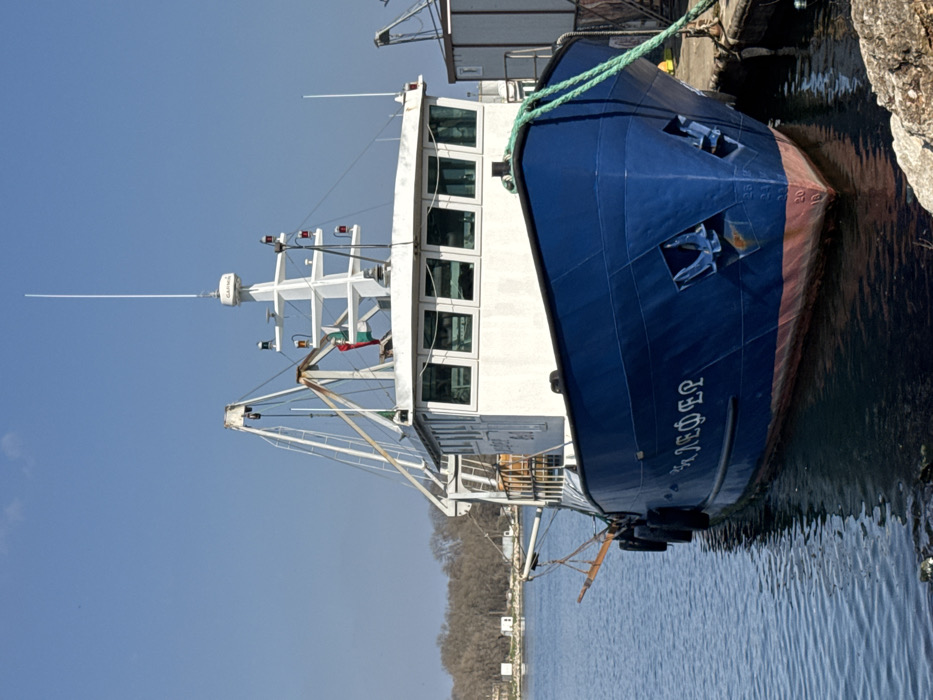 A blue and white vessel named "Св. ЛЕФТЕР" (Sv. Lefter) in Cyrillic is moored dockside in the city of Varna, Bulgaria. The boat features a deep blue hull with a red-brown anti-fouling paint line below the waterline. Its white superstructure includes a multi-windowed pilot house and a mast fitted with navigation lights, various antennas, and a white Garmin radar dome. Two anchors are embedded flush into the vessel's bow. Green mooring lines extend from the bow to secure the boat to a concrete dock structure visible on the starboard side. Black fender tires are positioned along the port side of the hull. A crane or gantry structure is present on the foredeck. The surrounding water is calm. In the background on the port side, a distant shoreline with sparse trees and several small white structures is visible under a clear blue sky. Industrial elements of the port are partially visible on the starboard side. No individuals are present in the scene.