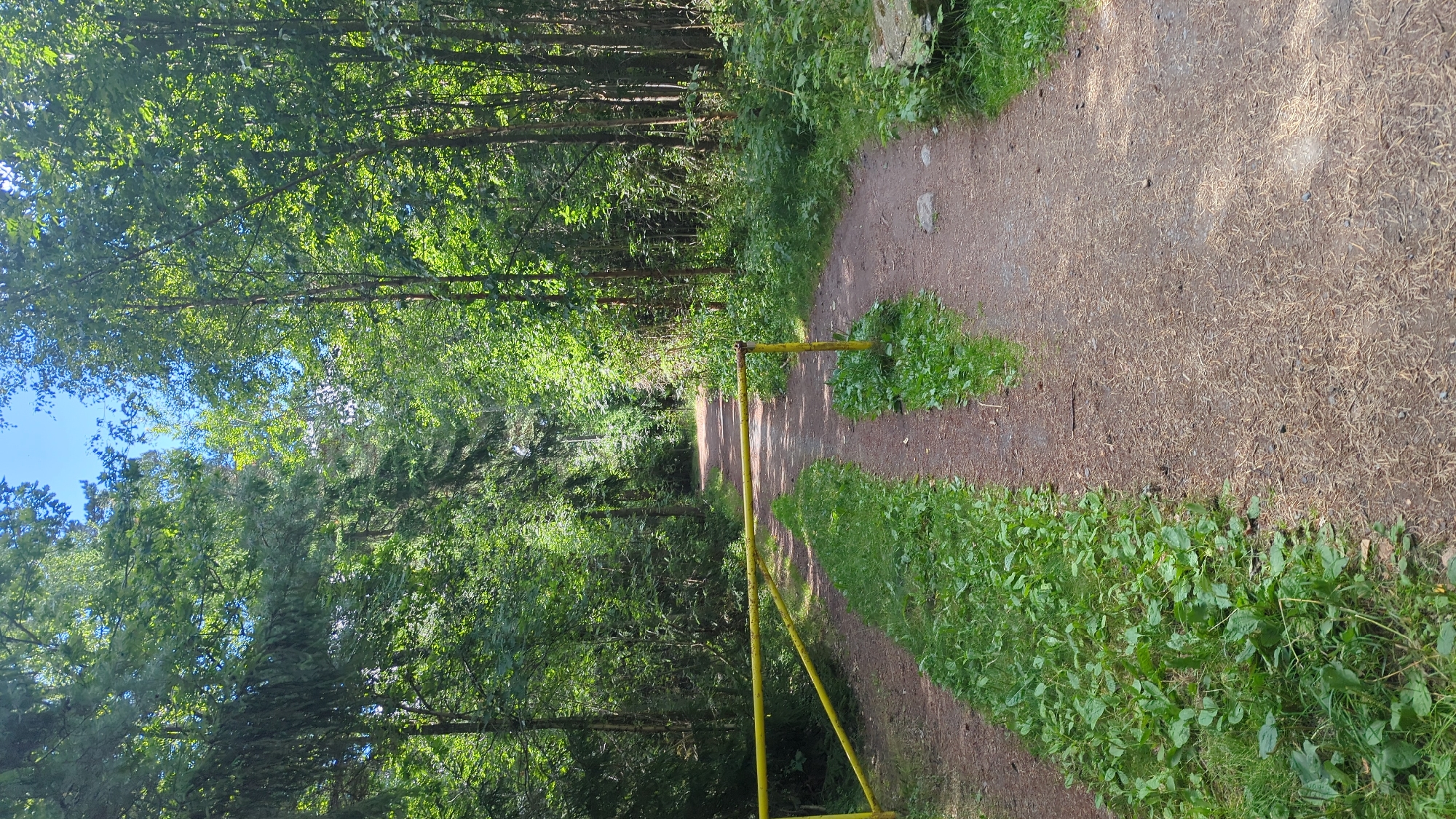 The image depicts a dirt path in a forest. A yellow metal gate obstructs the path, which appears to be closed. The path is lined with lush green vegetation on either side, and tall trees with dense foliage form a canopy overhead, allowing sunlight to filter through. The overall impression is one of a serene, natural setting. The location is identified as Larkollen, Norway.