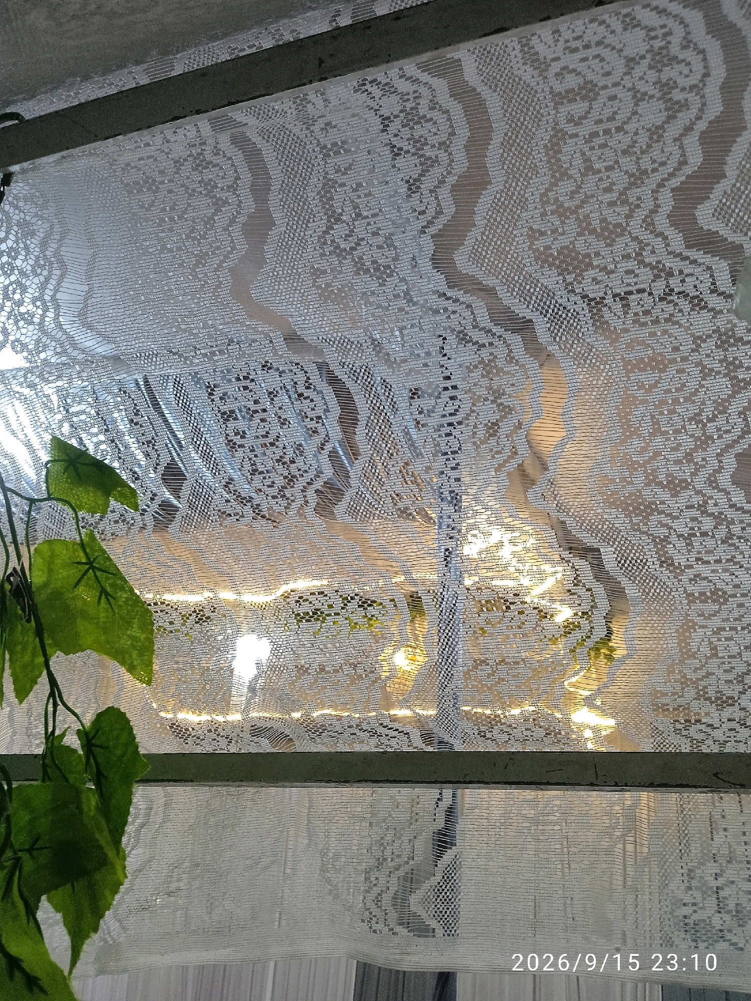 The image shows a close-up view of a white lace curtain covering a window. Behind the curtain, a strand of warm-toned string lights is visible, creating a bokeh effect. The curtain has a delicate, intricate pattern with wavy horizontal bands. To the left of the frame, a few green artificial leaves are hanging down from a vine. The bottom right corner of the image displays a timestamp: "2026/9/15 23:10". The scene is likely an indoor setting, possibly a living room or bedroom, given the presence of curtains and decorative lights. There are no people or specific landmarks identifiable in the image to determine the location in Kelurahan, Indonesia.