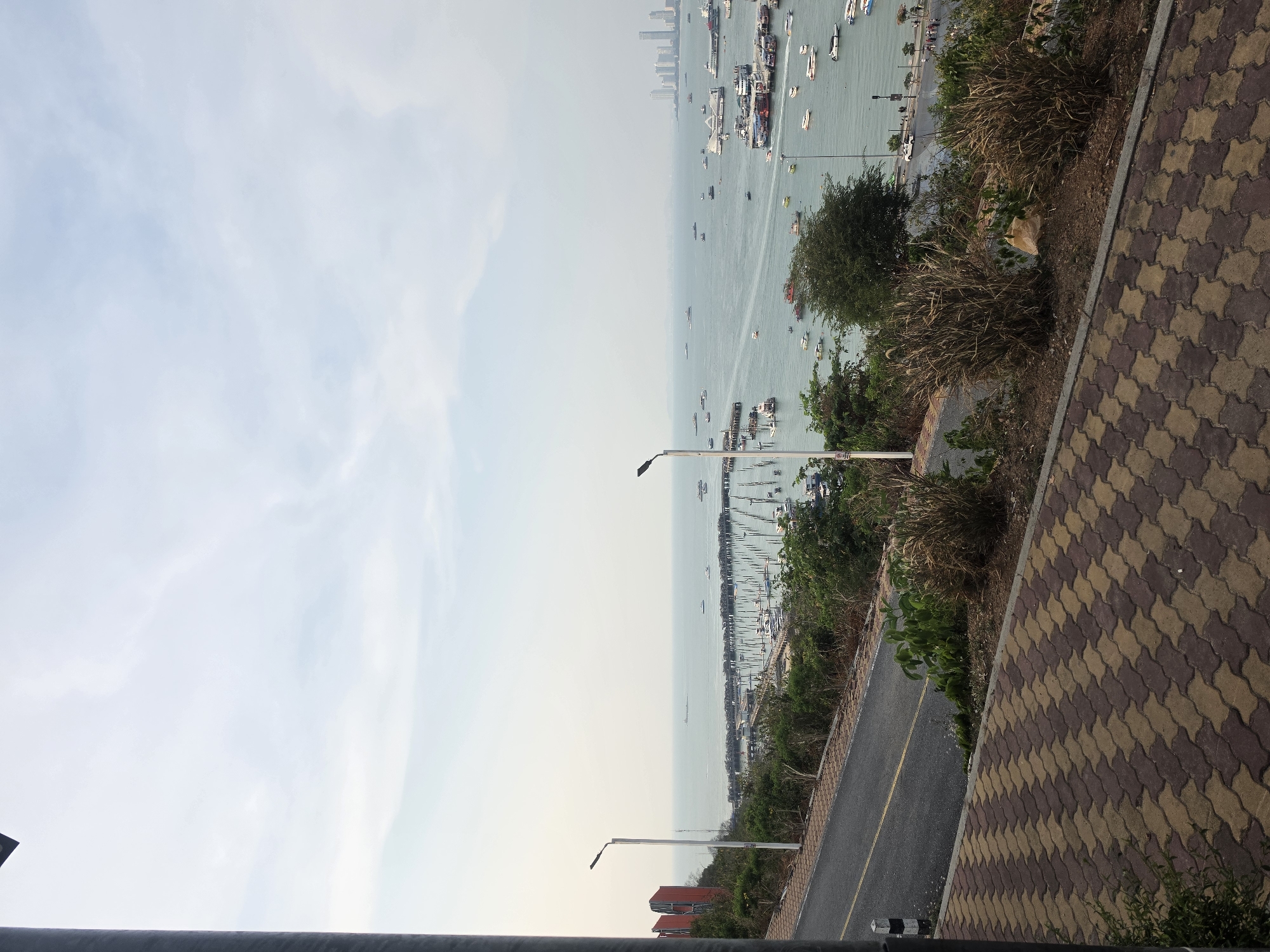 This image captures a wide, elevated view of a coastal landscape, consistent with Pattaya City, Thailand. The horizon line runs horizontally across the mid-section, dividing the scene into a sky above and a mix of water and land below.
The upper portion of the frame features a bright, overcast sky with soft, diffused clouds in shades of light blue and white. Below the sky, a vast expanse of calm, greenish-blue sea dominates the central area. The water is dotted with numerous boats of various sizes, some appearing to be speedboats or leisure crafts, while others are moored. A prominent feature in the mid-distance is a long pier or series of docks extending into the water, crowded with many docked vessels. In the far distance, a dense cityscape with tall buildings and skyscrapers is visible along the distant coastline.
To the right side of the image, a sloped landmass descends towards the sea. A winding, dark asphalt road with a yellow centerline runs down this slope, roughly parallel to the coastline. Adjacent to the road on the far right is a distinct paved pathway, constructed from interlocking concrete pavers in alternating patterns of brown and beige, creating a decorative design. Along the roadside and pathway, there is a mix of green, bushy vegetation and drier, taller grasses. Two tall black streetlights are strategically placed along the road, one in the mid-ground and another closer to the foreground. Some buildings with red roofs are nestled among the trees in the lower part of the land area.
In the immediate foreground, a dark railing is partially visible at the very bottom, suggesting the photograph was taken from an elevated viewpoint such as a balcony or observation deck. The soft, even lighting across the scene indicates daytime, possibly late morning or afternoon, under an overcast sky. There is no discernible text visible in the image.