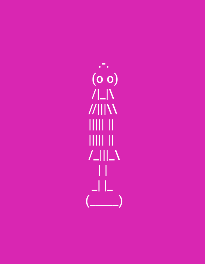The media file displays a minimalist digital artwork featuring a humanoid or robot-like figure rendered in white ASCII characters, set against a vibrant, solid magenta background. The figure is centered vertically and horizontally within the frame.
The ASCII art character is constructed from various keyboard symbols. Its head is represented by ".-" above two "o" characters enclosed in parentheses "(o o)", suggesting eyes and a face. Below the head, the body is formed by slashes and pipe characters, creating a distinct shape for shoulders (`/|_|\`), torso (`//|\\`, `///|\\\`, and four lines of `|||||||`), hips (`/|_|\`), legs (`| |`), and feet (`|_ _|`). The figure stands on a base or ground represented by `(___)`.
No specific activity or event is taking place; the image is a static representation of the ASCII art. There are no other objects or discernible settings beyond the figure and the uniform background. The visible text comprises the white ASCII characters themselves, which form the figure. The artwork is presented without any explicit time of day, weather, or location cues within the image. This media file is associated with Lyaskovets, Bulgaria.