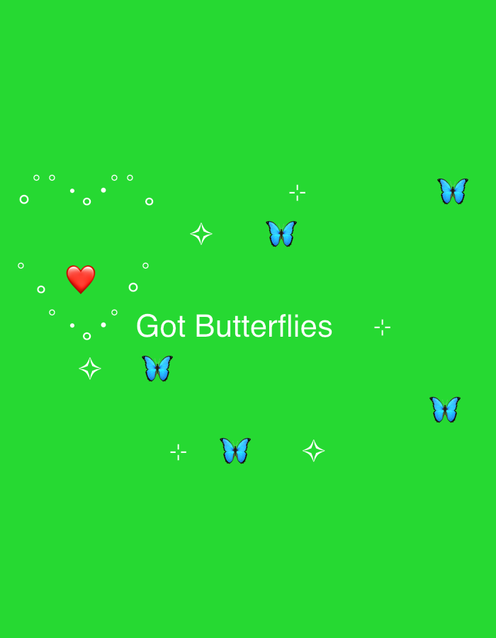 The media file displays a graphic overlay on a solid, bright green background. The central feature is white text that reads "Got Butterflies."
Scattered across the green background are several decorative elements. There are five blue butterfly emojis or icons, positioned in various areas, including above and below the text, and in the upper right and lower right corners. To the left of the text, a vibrant red heart emoji is visible, surrounded by a cluster of small white outlined circles and dots. Additional white outlined circles and dots are also scattered around the upper left area of the image. Furthermore, several white outlined star-like shapes, some appearing as simple crosshairs and others as four-pointed stars, are distributed throughout the frame.
The image does not depict a real-world scene, people, or any discernible activity. Instead, it appears to be a digital graphic, possibly intended for use as a green screen element or an overlay, designed to evoke feelings of love, excitement, or nervousness, as suggested by the text "Got Butterflies" and the presence of the heart and whimsical elements. The solid green background provides no specific location or time-of-day cues; therefore, the location context of Dunavtsi, Bulgaria, is not visually represented within the image itself.
