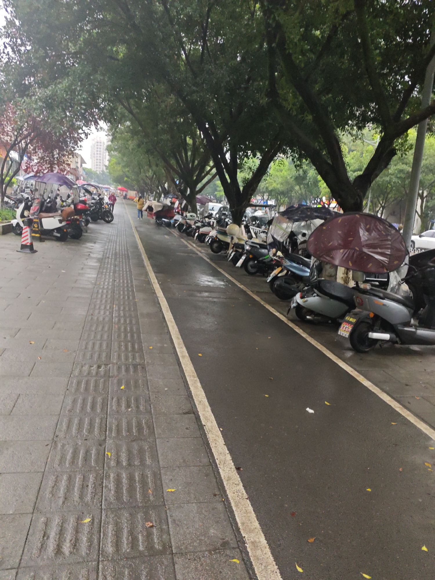 The image depicts a street scene in Chongqing High-tech Zone, China. Along the right side of the street, motorcycles are parked along a white painted line. Many of the motorcycles have open umbrellas covering them. A sidewalk runs along the left side of the street. The sidewalk has a tactile paving strip for the visually impaired. Trees line the street and sidewalk. In the distance, two people walk along the sidewalk. The street and sidewalk appear wet.