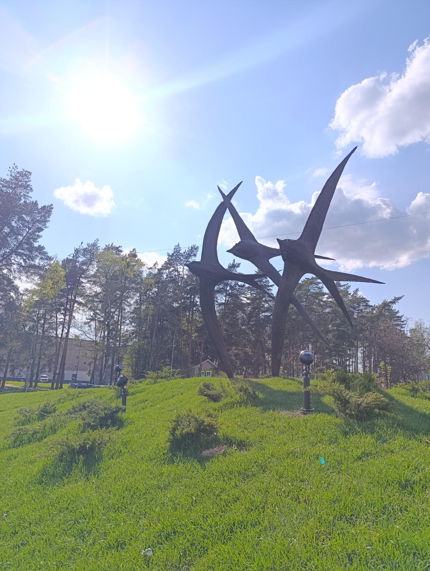 The image shows a sculpture of three birds in flight, set on a grassy hill. The sculptures are dark in color, contrasting with the bright green grass and the blue sky. Trees are visible in the background, and there are streetlights and shrubs on the hill as well. The sun is shining brightly in the upper left corner. The location is Unknown, Unknown.