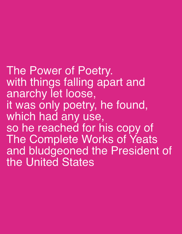 The image displays white sans-serif text against a solid magenta background. The text, left-aligned and occupying the lower-left to middle-left portion of the frame, reads: "The Power of Poetry. with things falling apart and anarchy let loose, it was only poetry, he found, which had any use, so he reached for his copy of The Complete Works of Yeats and bludgeoned the President of the United States". No people, physical objects, actions, interactions, or identifiable environment are depicted beyond the text and its background.