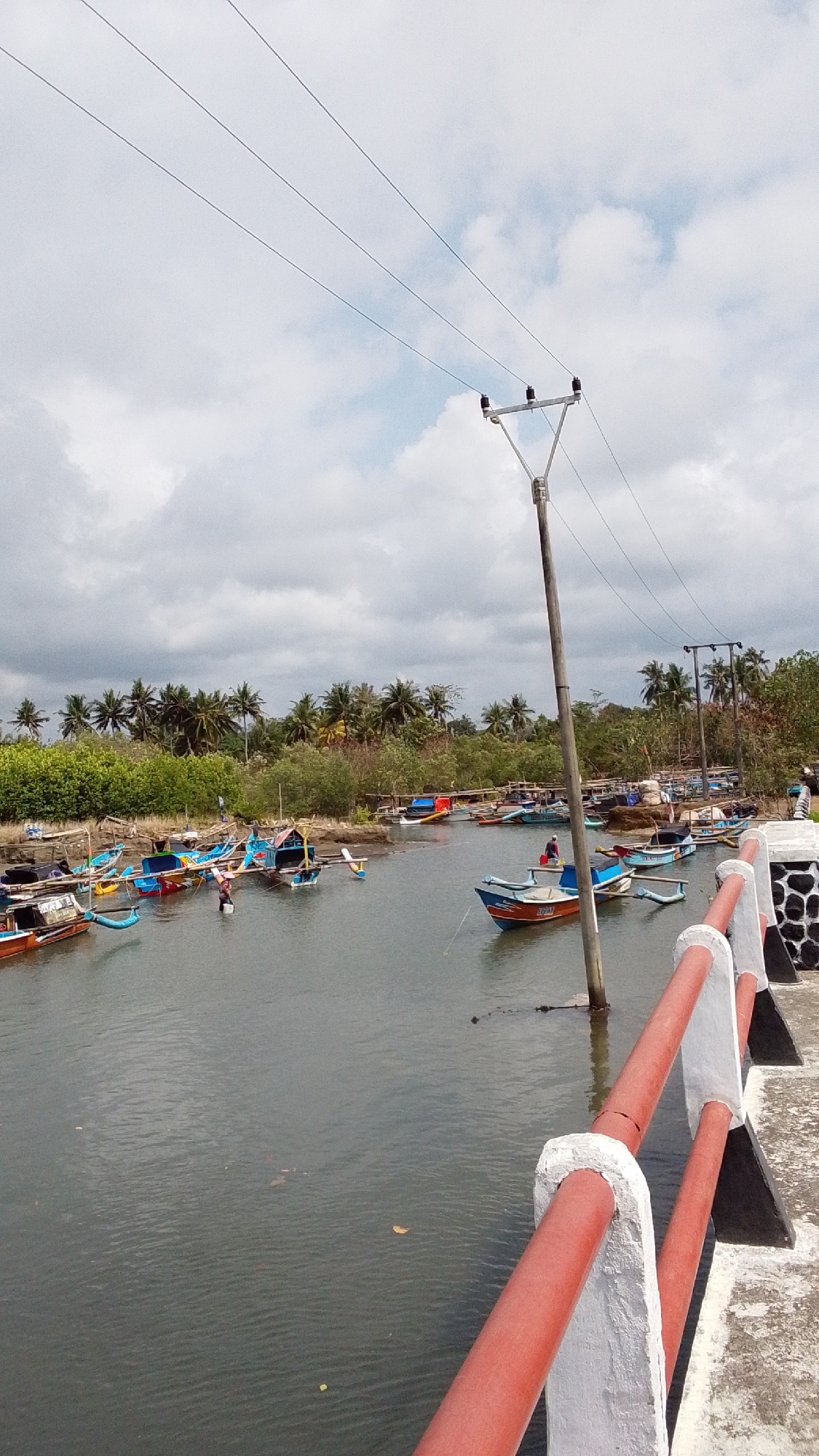 This image depicts a canal in Desa Karangjaladri, Indonesia, lined with numerous small fishing boats. The boats are of various colors, including blue, red, and orange, and many have canopies. Several boats are moored, while others appear to be actively used, with one individual in the water near a boat. The canal is calm, reflecting the overcast sky, and the banks are densely covered with lush green vegetation and palm trees. A wooden pole supporting electrical wires stands prominently in the foreground, extending from the water and disappearing into the sky. A concrete bridge or walkway with red and white railings is visible on the right side of the frame, partially obscuring the view of the canal. The overall scene captures a typical day in a coastal fishing village.