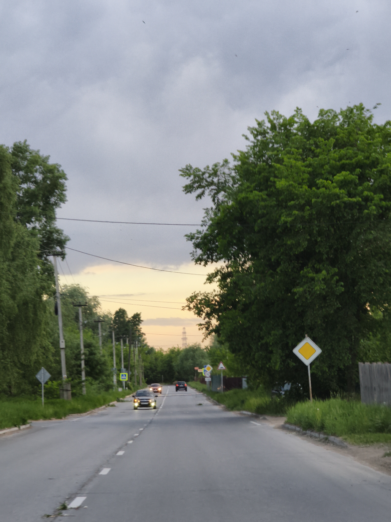 The image depicts a road in Chaikovsky, Russia. The road is paved and has white lane markings. There are several cars on the road. On the left side of the road are trees, utility poles, and road signs. On the right side of the road is a large tree and a yield sign. The sky is overcast, and the horizon has a yellow glow.