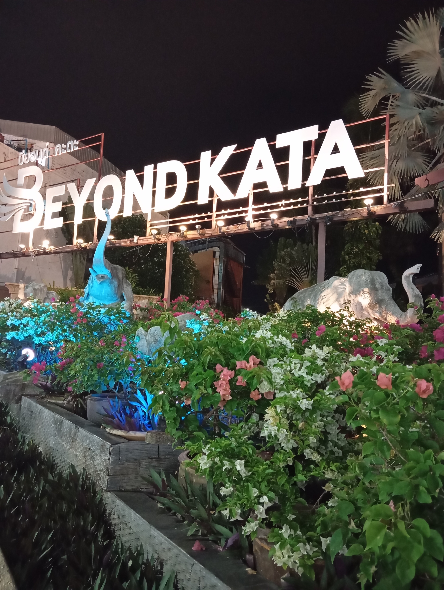 The image shows a nighttime exterior scene in Karon, Thailand, featuring a prominent illuminated sign that reads "BEYOND KATA". The sign is large, white, and illuminated, set against a dark sky. Below the sign, there is a landscaped area with numerous plants, including flowering bushes with pink and white blossoms. Two large elephant statues are visible within the greenery. One elephant statue is in the foreground and is illuminated with blue lights. Another elephant statue is partially visible behind the flowering bushes, illuminated with warm light. There are also palm trees visible in the background. The scene appears to be an entrance or a prominent feature of a resort or establishment named "Beyond Kata".