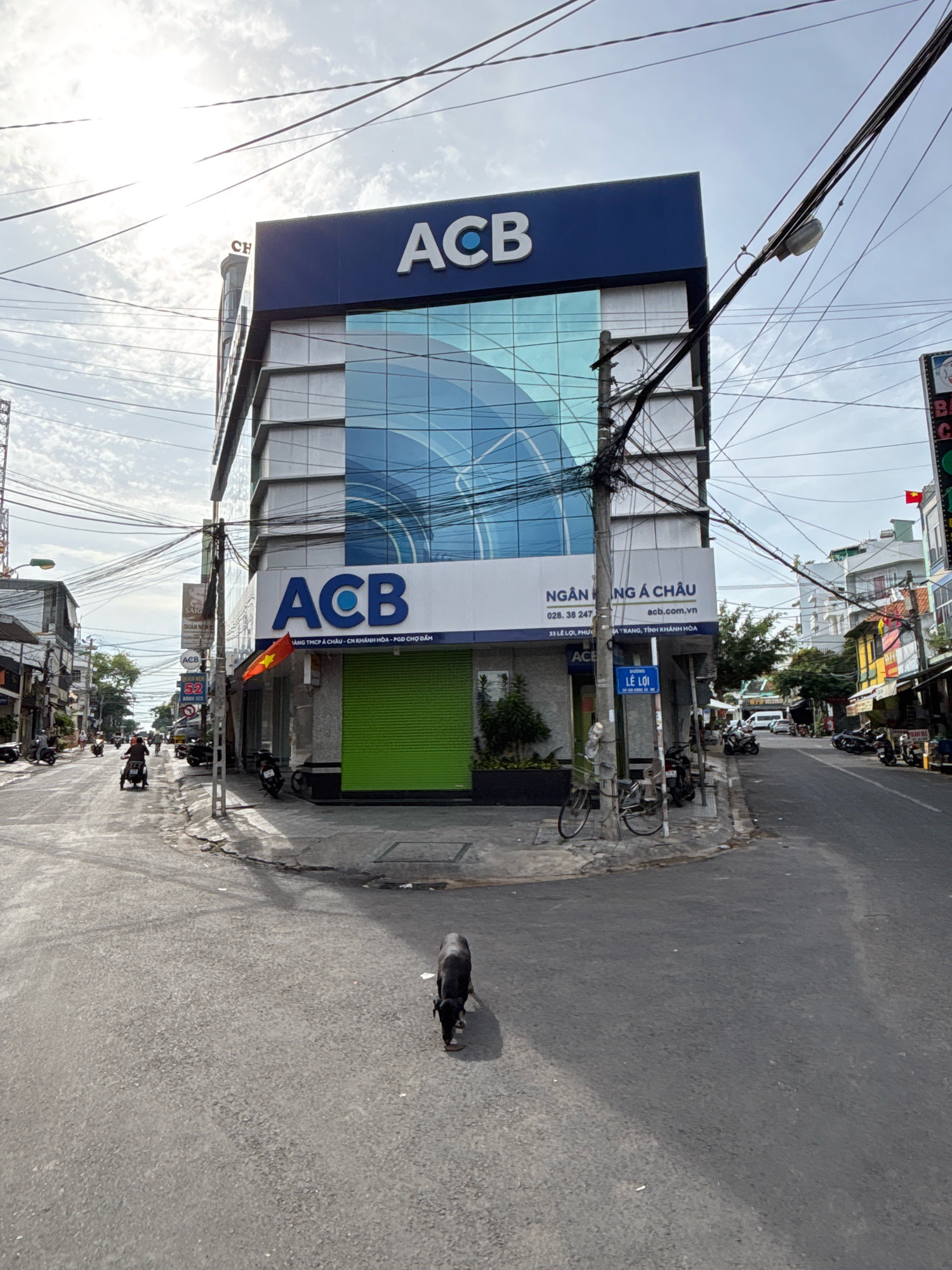 A black dog ambles across a paved street in Nha Trang, Vietnam, in front of an ACB bank branch. The building, which has a blue and glass facade, is adorned with an ACB logo and the Vietnamese flag. The street is lined with buildings, motorcycles, and utility poles with a complex web of wires. The sky is overcast with scattered clouds. The image appears to have been taken in the daytime.