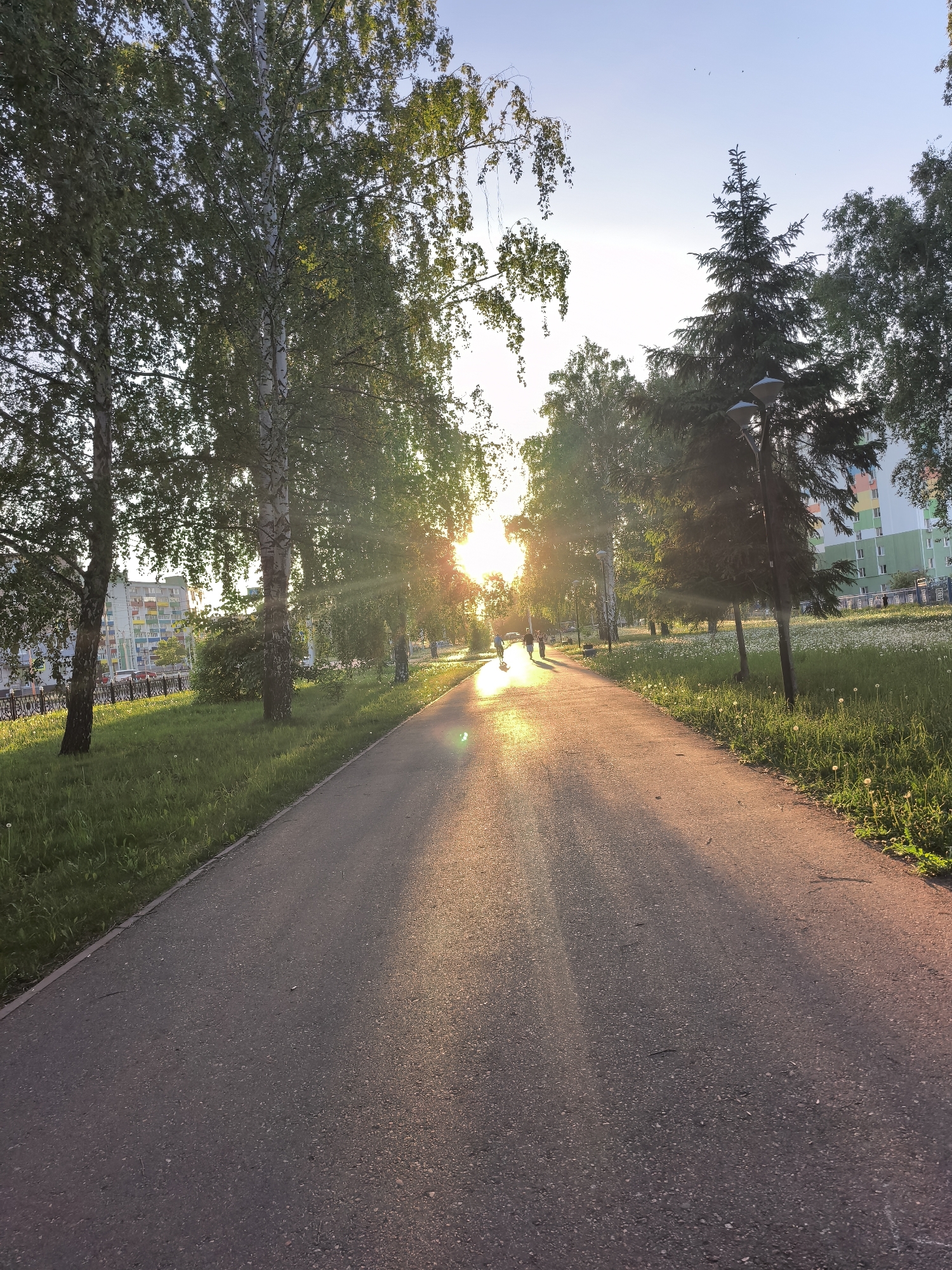 Captured in Sterlitamak, Russia, the image presents a paved pathway leading towards a low sun obscured by trees. The path is flanked by green grass and trees on either side. Buildings are visible in the distance. Some people walk along the pathway. The overall ambiance suggests either sunrise or sunset. A lamppost stands to the right of the path.