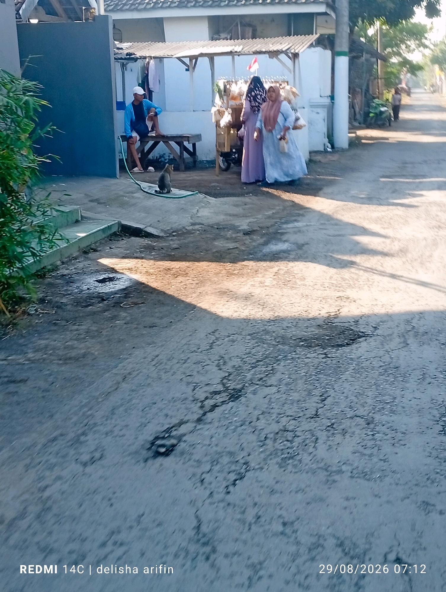 In Mulyo Rejo, Indonesia, a man wearing a white cap and a blue jacket sits on a wooden bench next to a dark blue wall. A grey cat is seated on the ground in front of him, looking towards the right. Behind the man, two women in hijabs stand near a vendor cart, which is laden with goods and displays a small Indonesian flag. The scene unfolds on a paved area with scattered shadows, indicating a sunny day. The background shows a street extending into the distance, with trees and buildings lining its sides. A partially visible motorcycle and another person are present further down the street. The timestamp at the bottom indicates the image was taken on 29/08/2026 at 07:12.