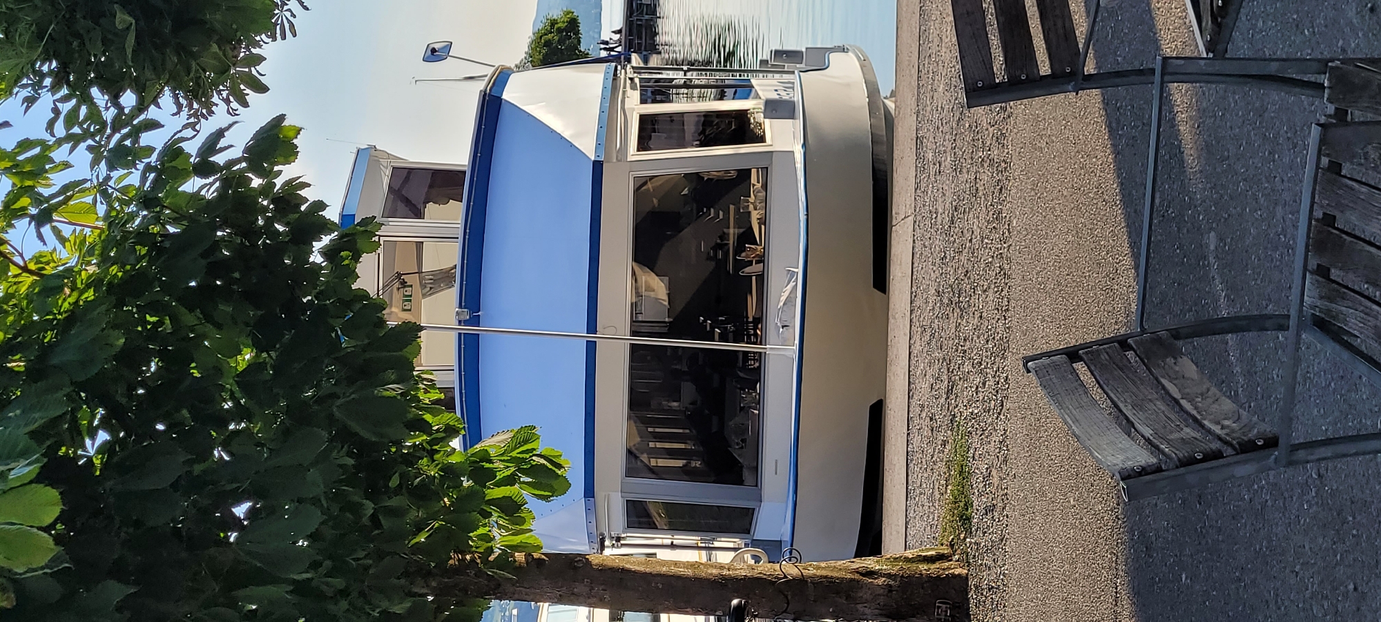 The image shows a view of a white and blue passenger boat docked on a waterfront, likely in the city of Rapperswil-Jona, Switzerland, given the context of a boat on a lake. In the foreground, two weathered wooden and metal chairs are positioned on a gravel and paved area. A large tree with green leaves partially obscures the view of the boat. The boat itself has large windows that offer a glimpse of the interior, where tables and chairs are visible. The water behind the boat is calm, reflecting the clear sky. In the distance, across the water, a shoreline with trees and a pier is visible, with a few people walking on it. The lighting suggests it is late afternoon or early evening, with the sun casting long shadows.