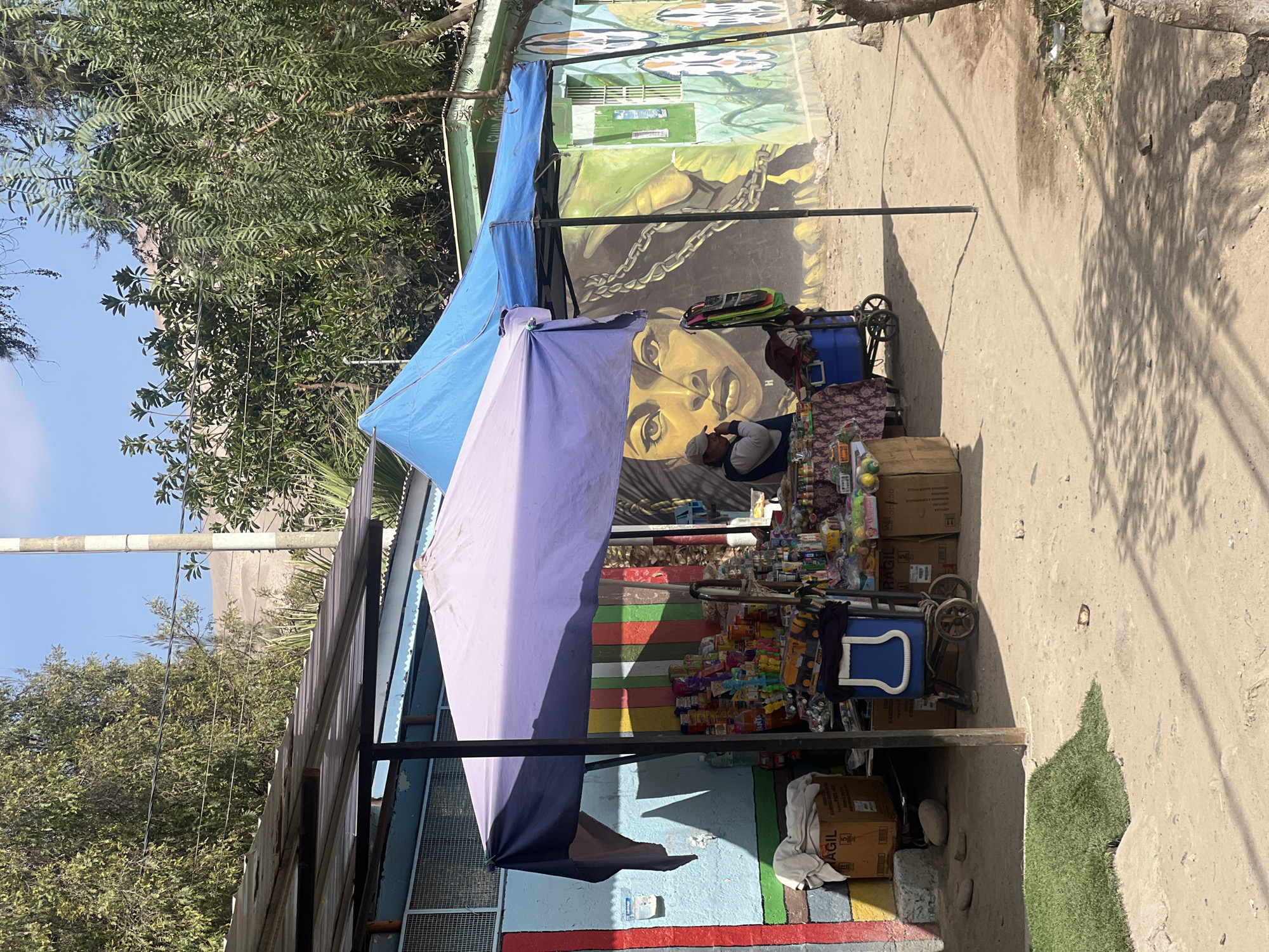 The image captures a street scene in Arica, Chile, likely a roadside market stall. The stall is set up under a makeshift awning of blue and purple tarps. Visible items for sale include snacks, drinks, and small consumer goods. A man sits behind the counter, possibly the vendor. Behind the stall is a building with vibrant, painted murals, including a portrait of a woman. The setting appears to be a residential or commercial area, with trees and vegetation visible along the side. The road is unpaved and dusty.