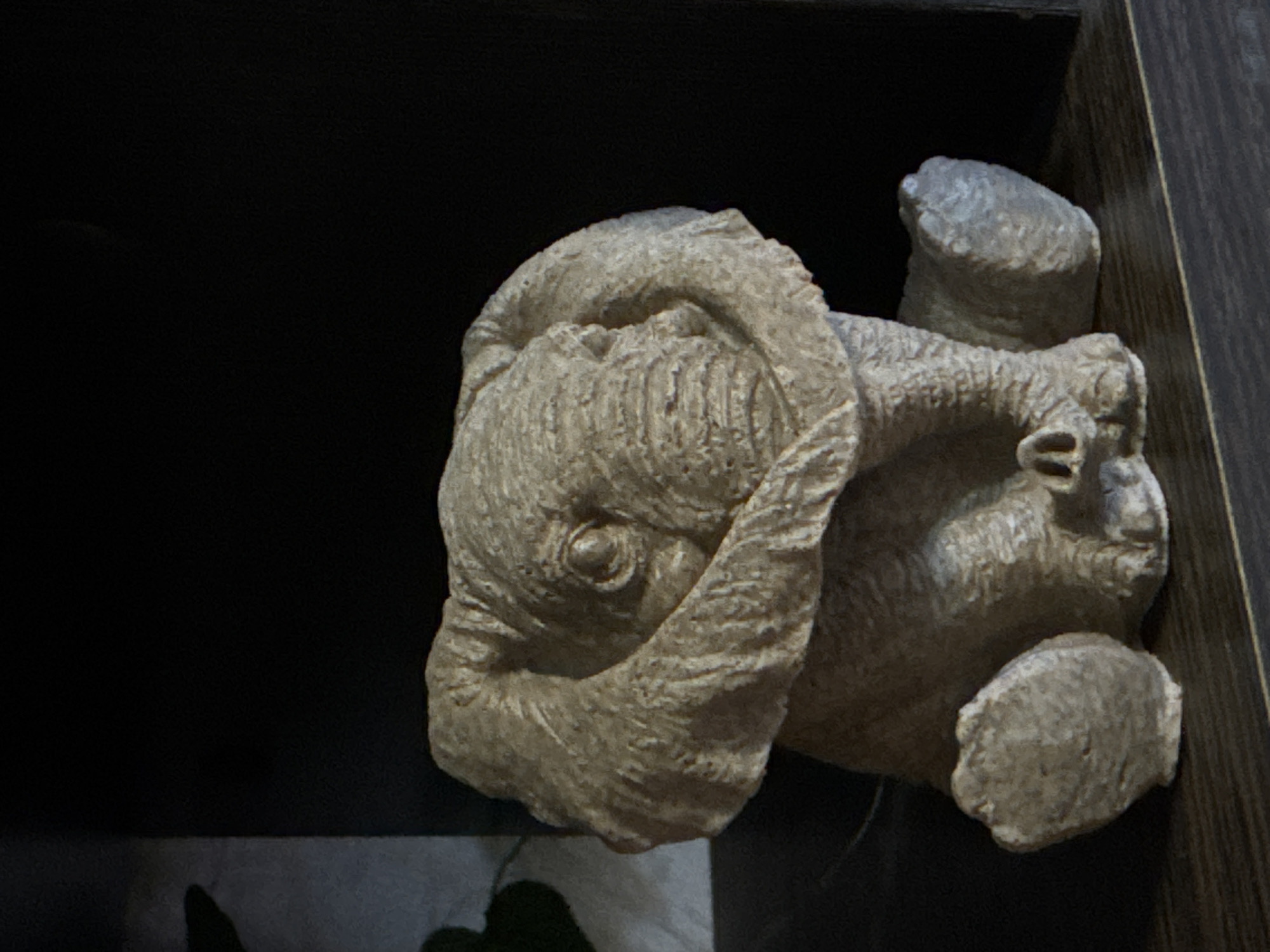 A tan stone elephant figurine sits on a dark surface with a dark background. The figurine has textured skin and is facing towards the right. The surface it is on has a dark wood-grain edge. The location in Kladovitsy, Russia, is not discernible from the image.