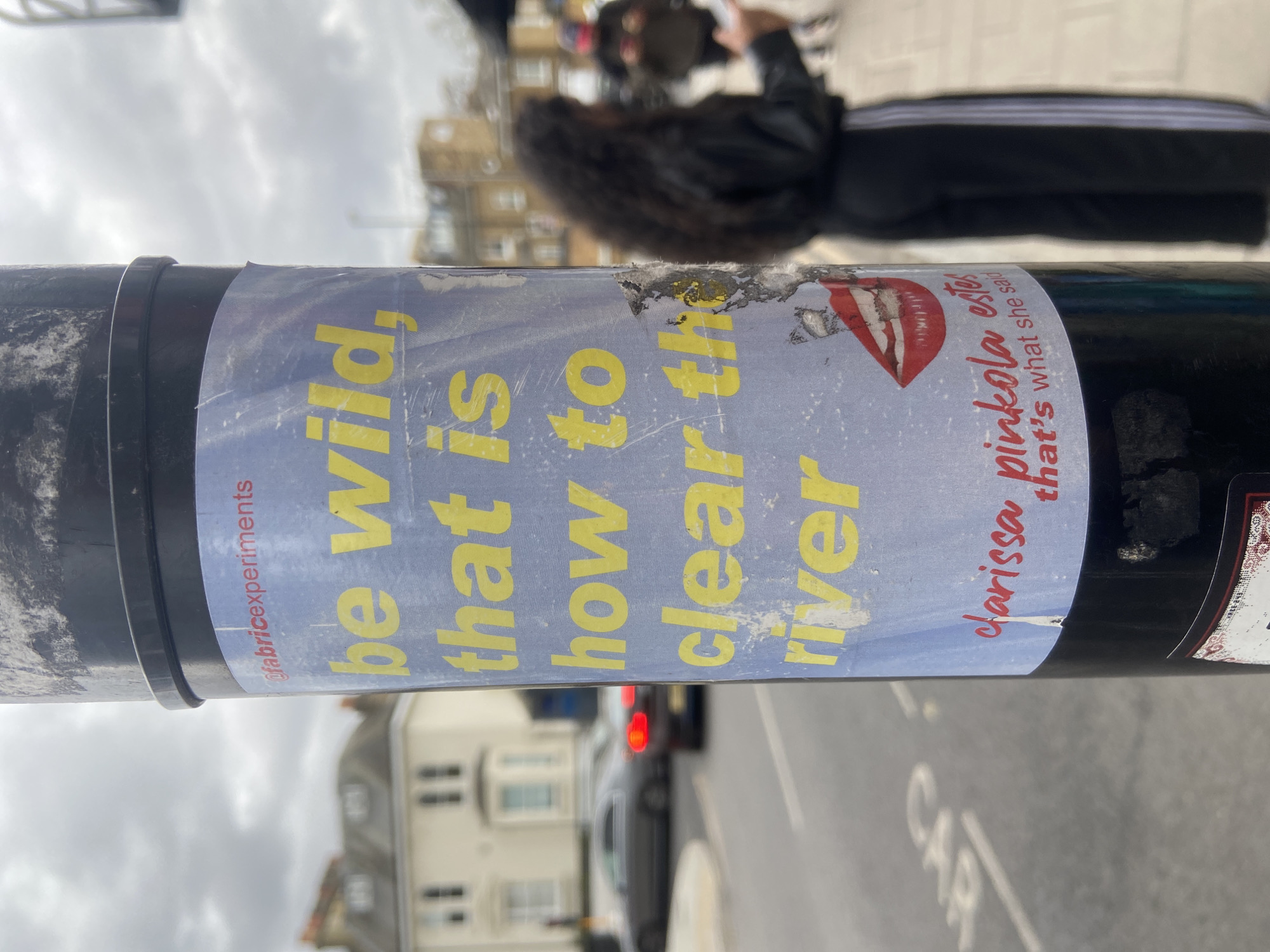 A close-up shot of a black lamppost with a sticker attached to it. The sticker is light blue with yellow lettering, and part of it is peeled off. The sticker reads: "@fabricexperiments be wild, that is how to clear the river darissa Pinkola estes that's what she said". The sticker also features a red illustration of lips. In the background, there is a blurred view of a city street with cars and buildings, as well as a person walking. The photograph was taken in London, United Kingdom.