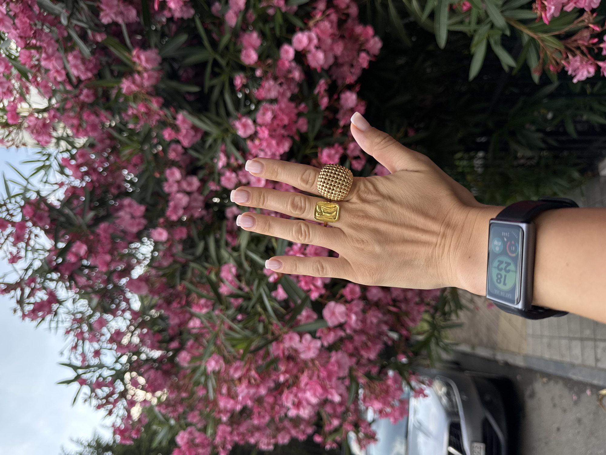 The image depicts a person's hand adorned with two gold rings, positioned in front of a blooming pink oleander bush. On the wrist of the same hand, a smartwatch displays the date and time: "SAT 04 JUL 18 22". A silver car is visible to the left of the frame, parked on a sidewalk adjacent to the bush. The background features a cloudy sky. The location is identified as Sochi, Russia.