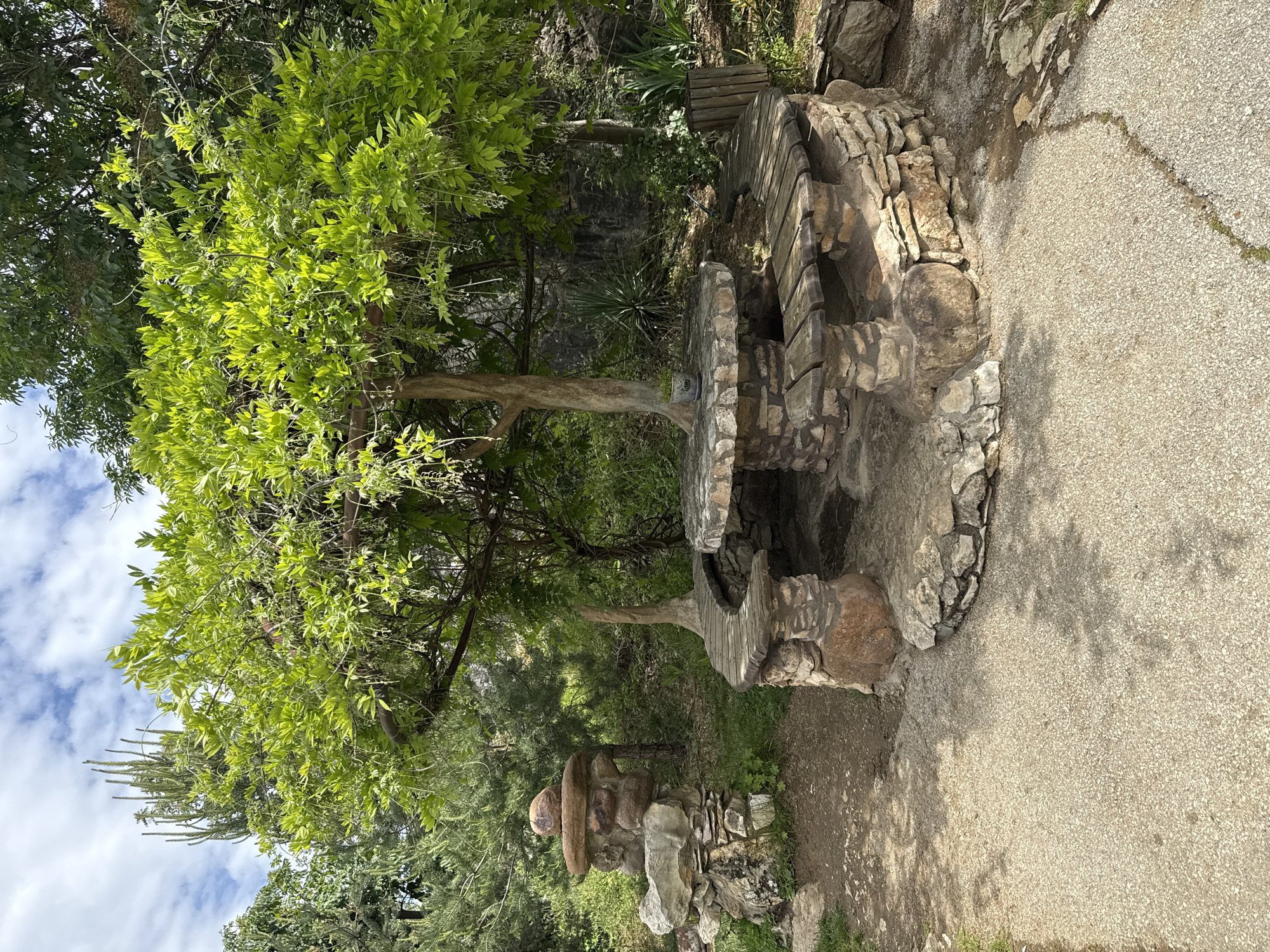 The image depicts a stone table and benches nestled within a green space. The table is constructed from irregular stone blocks and features wooden seating integrated into its structure. The scene is partially shaded by a leafy tree, its branches extending over the table area. The surrounding environment includes a paved path and various vegetation, suggesting a park or garden setting. The location is Lukovit, Bulgaria.
