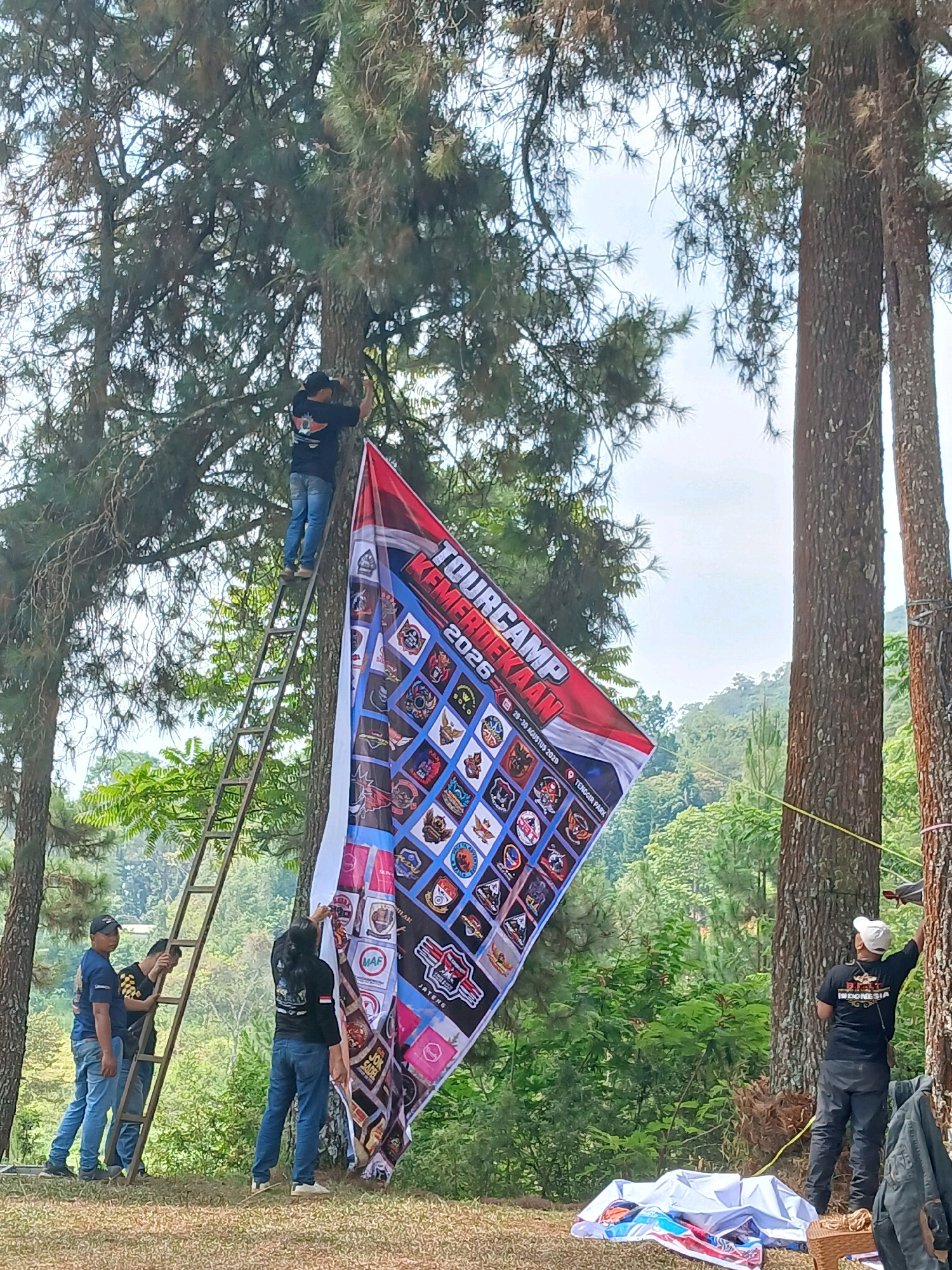 In Berjo, Indonesia, a group of people are setting up a large banner for an event. The banner, which reads "TOURCAMP KEMERDEKAAN 2026," features a collage of smaller circular emblems. A person stands on a tall ladder, reaching up to attach the banner to a tall pine tree. Three other individuals are on the ground, observing and assisting. One of them appears to be holding a rope. The scene is set in a natural environment with lush green trees and a cloudy sky, suggesting an outdoor gathering. A white sheet and other items are laid out on the ground near the base of a tree.