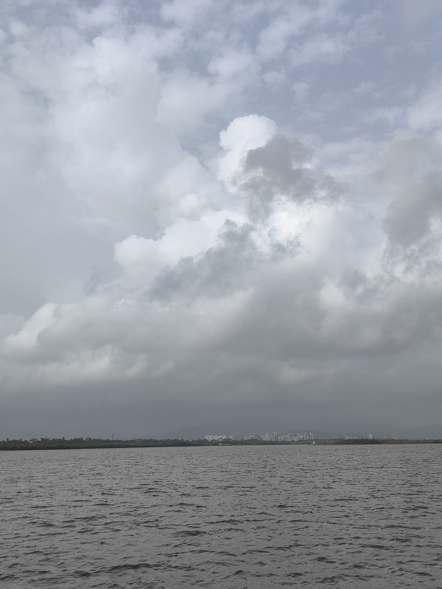 The image depicts a wide, choppy body of water in the foreground. In the middle ground, a distant, low-lying shoreline is visible, characterized by a dense line of trees and a cluster of buildings, suggesting a city or town. The buildings appear to be modern high-rises. The background is dominated by a dramatic, cloudy sky. The clouds are a mix of light and dark grays, with some brighter white areas suggesting thinner cloud cover or breaks in the overcast. The overall impression is that of a somewhat overcast day, possibly before or after a rain shower, over a coastal urban environment in Pachu Bandar, India. There are no people or specific actions depicted in the scene.