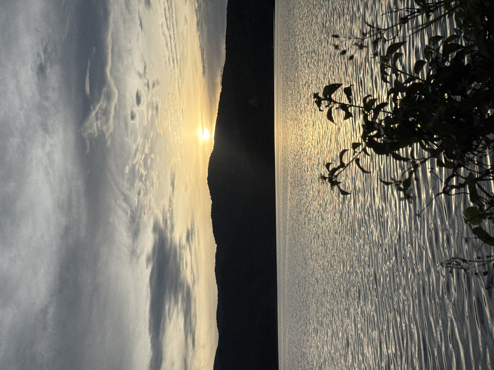 The image depicts a body of water, possibly a lake, at sunset. The sun is positioned behind a mountain range, casting a golden glow on the water's surface. The water is rippled, reflecting the sunlight in a pattern of light and shadow. In the foreground, there are branches and leaves, likely from a tree or bush on the shoreline. The sky is filled with clouds, ranging in color from gray to white, with a yellowish hue near the horizon where the sun is setting. The mountain range appears dark and silhouetted against the bright sky. The location is likely in Da Lat, Vietnam, known for its lakes and mountainous landscapes.