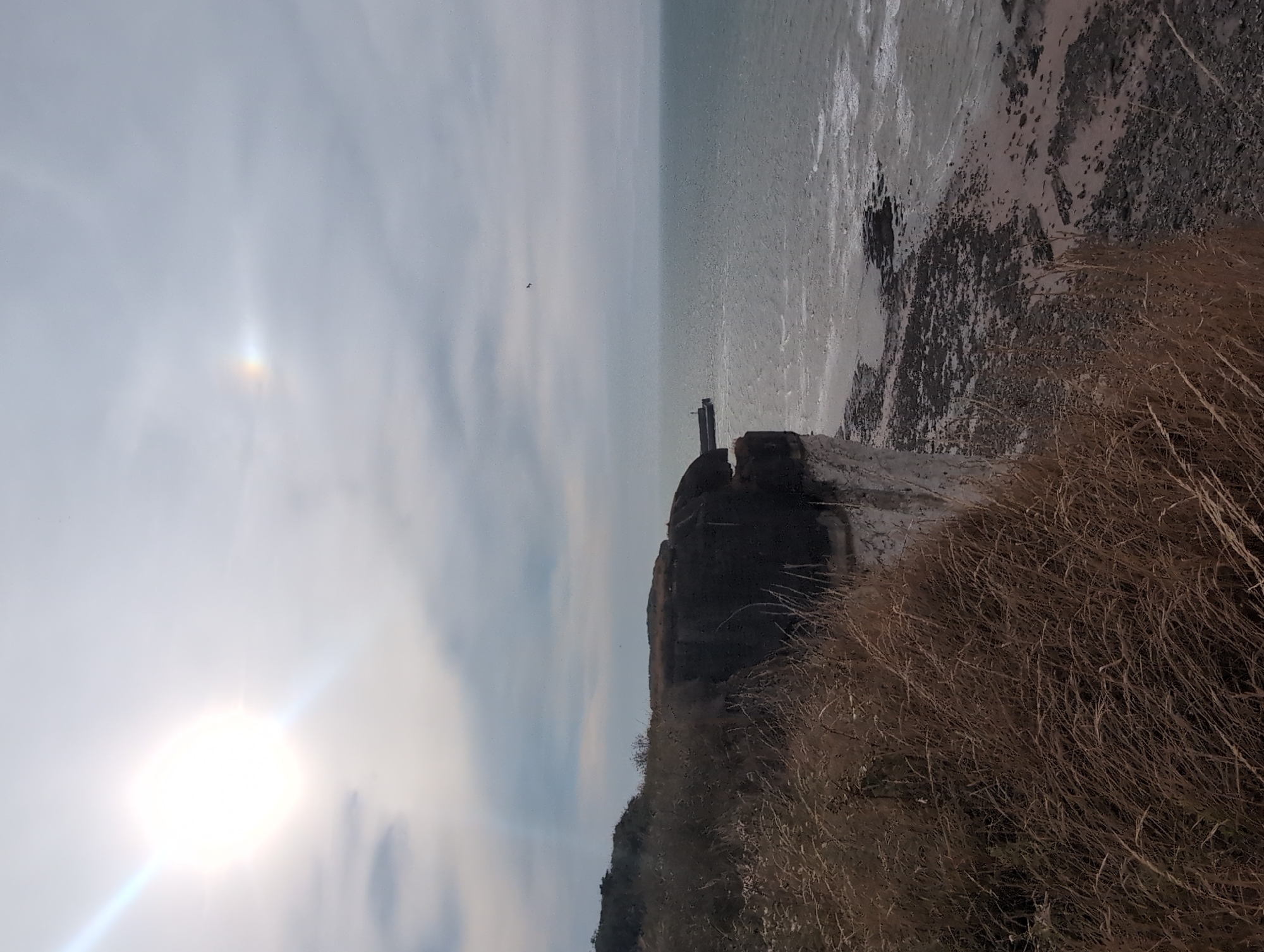 The image depicts a coastal cliffside in Saint-Valery-en-Caux, France, on a cloudy day. The sun is visible in the upper left quadrant, causing a lens flare. A faint rainbow-like optical phenomenon is present in the upper right quadrant of the sky. The foreground is dominated by dry, tall grass on the cliff edge, which appears to be covered in dark, weathered concrete structures, possibly remnants of coastal defenses or buildings. The cliff face is white and stark. Below the cliff is a rocky beach with the sea visible beyond. Waves are breaking on the shore. In the distance, a pier or jetty extends into the sea, with a small structure or building at its end. A single bird is visible in flight over the water. The overall scene is one of a rugged, windswept coastline.