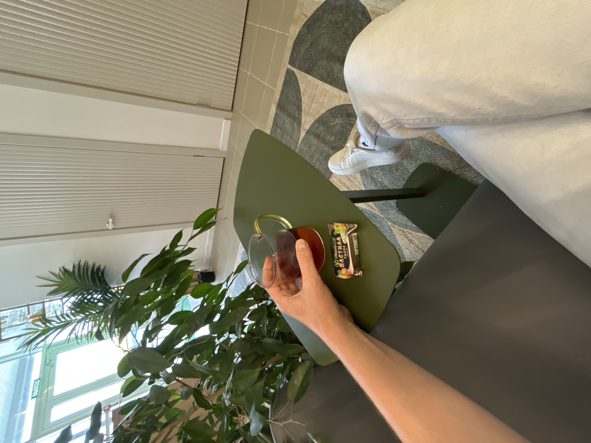 A first-person perspective shot captures a person's arm holding a glass of dark liquid on a green side table. Next to the glass, a small candy bar with an illustration of fruit is visible. The background reveals an indoor environment with large potted plants, two cream-colored doors with vertical ribbed detailing, and a rug with a circular pattern on the floor. The scene is illuminated by natural light coming from a glass-paneled exit sign.