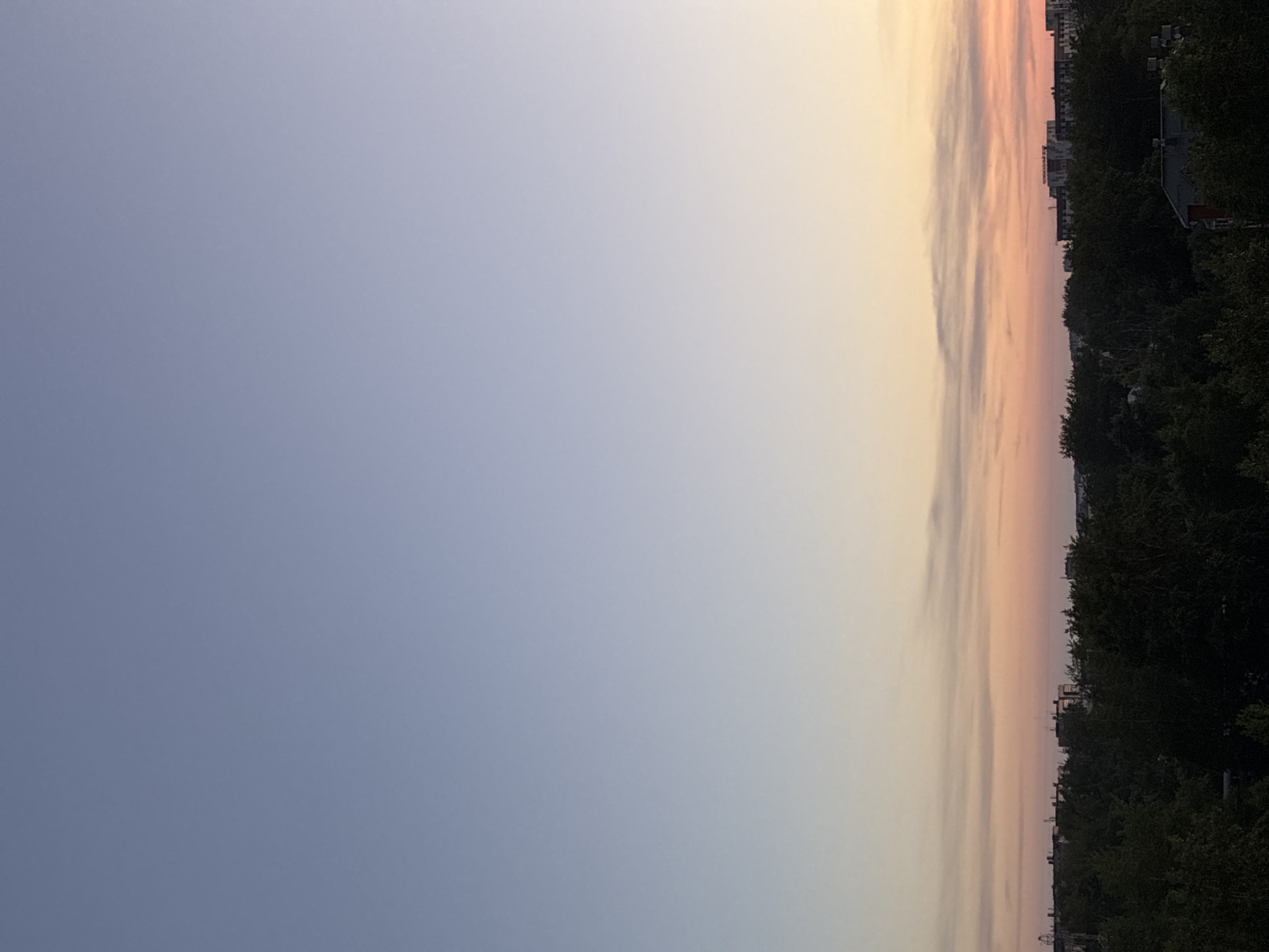 A photograph captures a cityscape during twilight. The sky transitions from a pale blue at the top to hues of pink and orange closer to the horizon, indicating either sunrise or sunset. A line of trees forms a dark silhouette against the colorful sky in the lower part of the image. Behind the trees, buildings of varying heights are visible, some appearing to be apartment blocks. The overall impression is that of an urban environment at the beginning or end of the day.