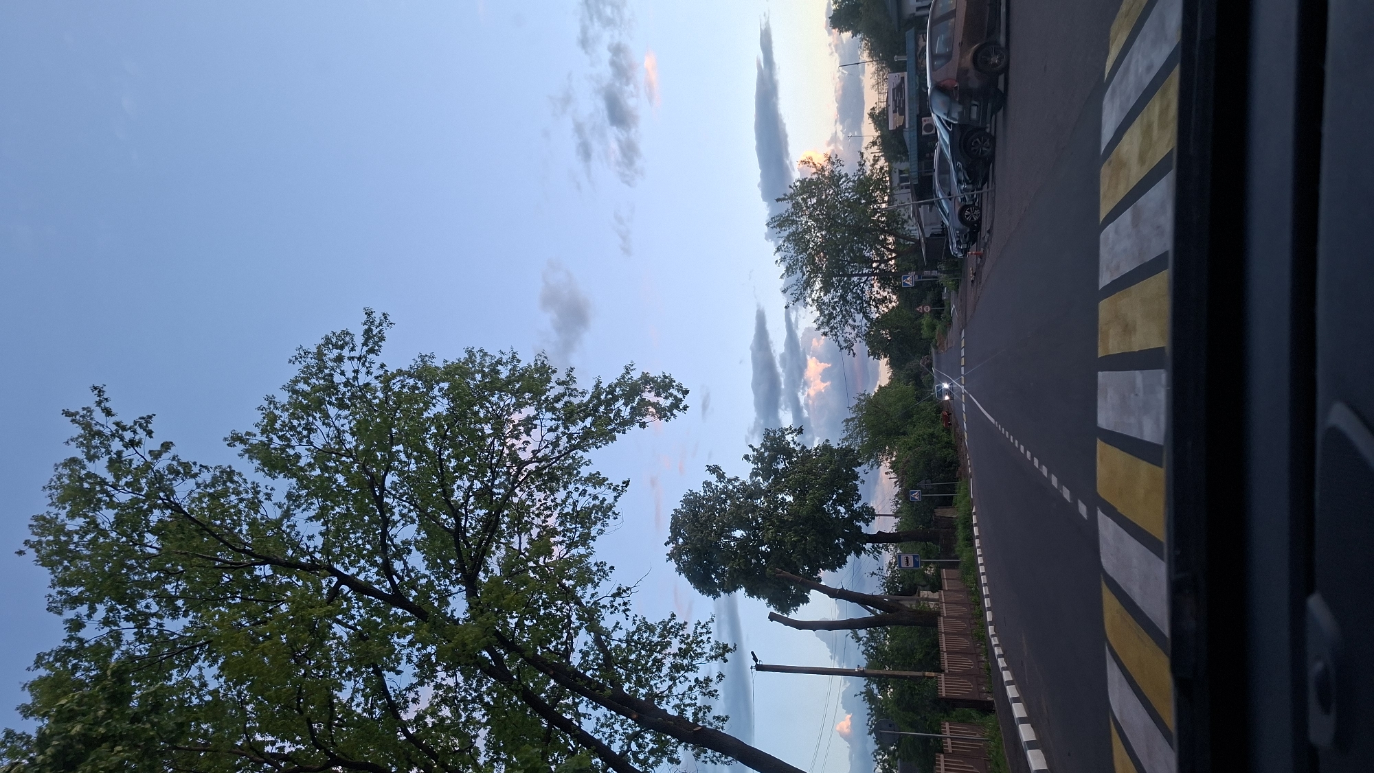 A roadside scene, possibly in or near Смалявічы, Belarus, shows a narrow paved road with dashed center lines. The road has black and yellow striped edges. Cars are parked on the right-hand side, along with trees and houses. The sky is a mix of blue and cloudy with streaks of pink. Branches of a large tree with green leaves are visible in the lower left corner of the image. The photograph appears to have been taken from a vehicle, with the door frame visible in the right edge of the image.