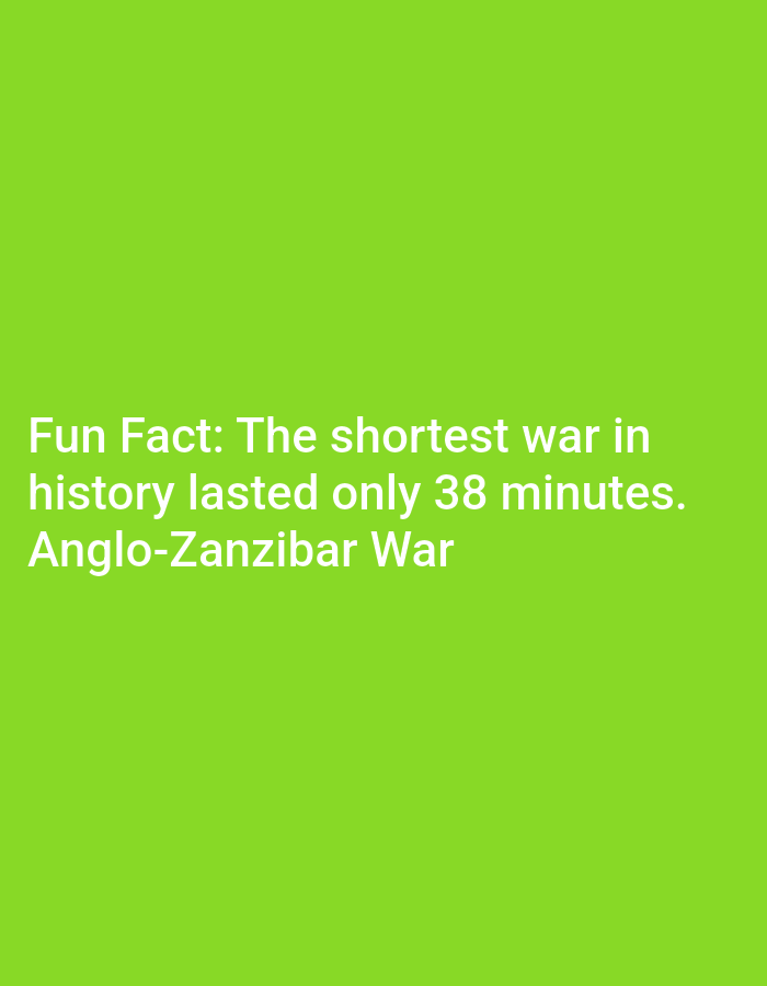 The image is a plain bright green background with white text. The text reads "Fun Fact: The shortest war in history lasted only 38 minutes. Anglo-Zanzibar War". There are no people, subjects, objects, actions, interactions, or environmental elements visible in the image, other than the text itself. The location in the city of Lagos, Nigeria is not depicted or implied in any way by the image.