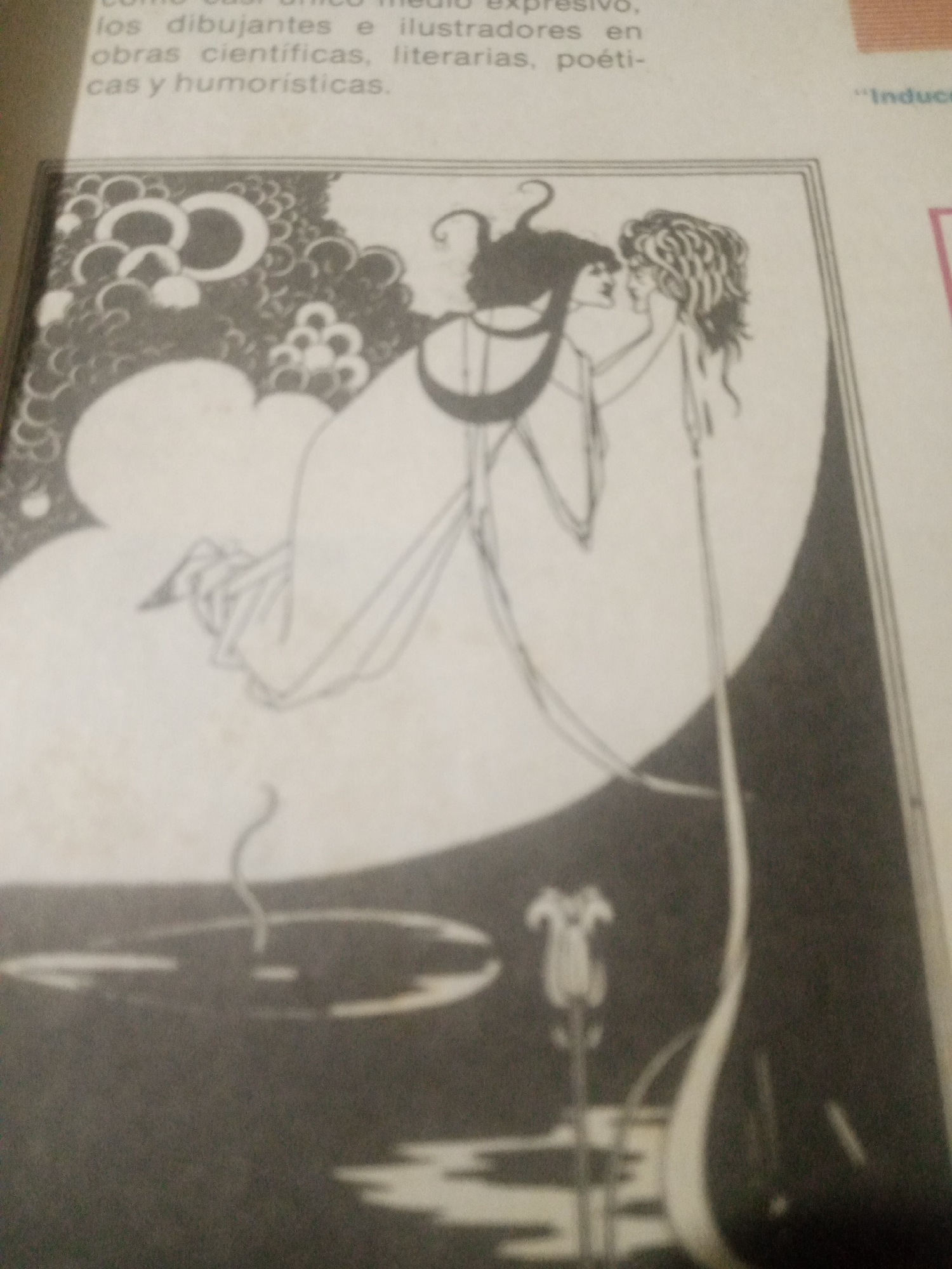 The image depicts an illustration featuring two figures in an intimate embrace, with one figure appearing to float or ascend. The illustration is rendered in black and white, with a distinctive Art Nouveau style characterized by flowing lines and organic shapes. The figures are positioned against a backdrop that suggests a surreal or dreamlike environment, possibly representing clouds or stylized natural elements. Below them, a body of water is depicted with reflections and a single, stylized flower emerging from it. The overall composition evokes a sense of romance, fantasy, or spiritual union. There is no information within the image itself that references the city of Santa Ana, Venezuela.
